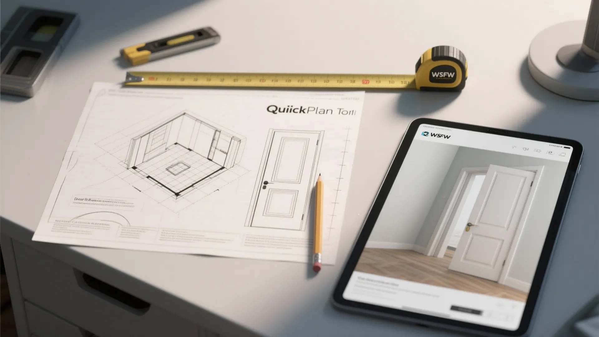 Desk with door design drawing, pencil, yellow measuring tape, and tablet displaying a room layout