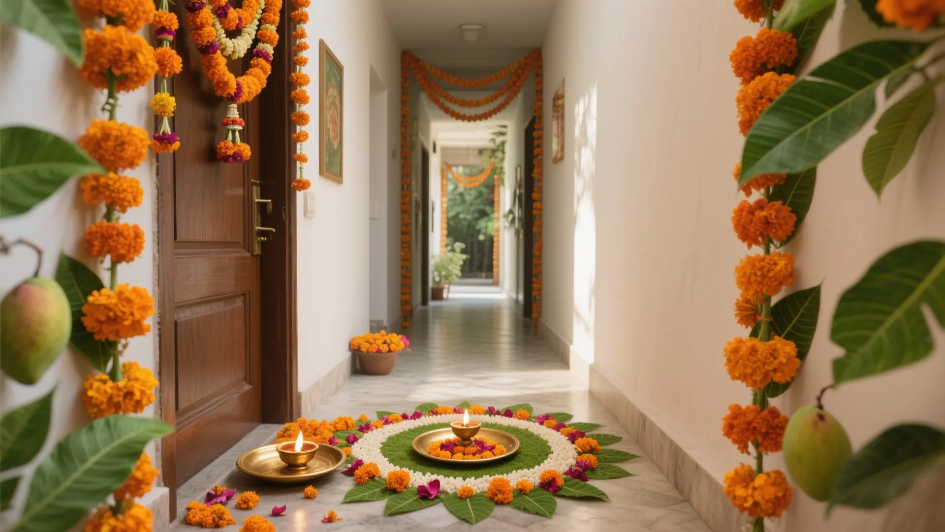 Marigold Torans and Eco Rangoli at the Doorway