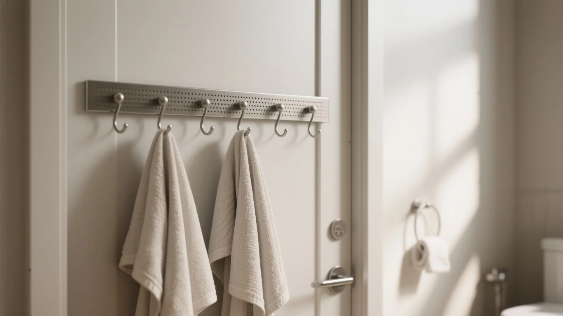 Back-of-door slim perforated bar with spaced hooks holding towels for ventilation.