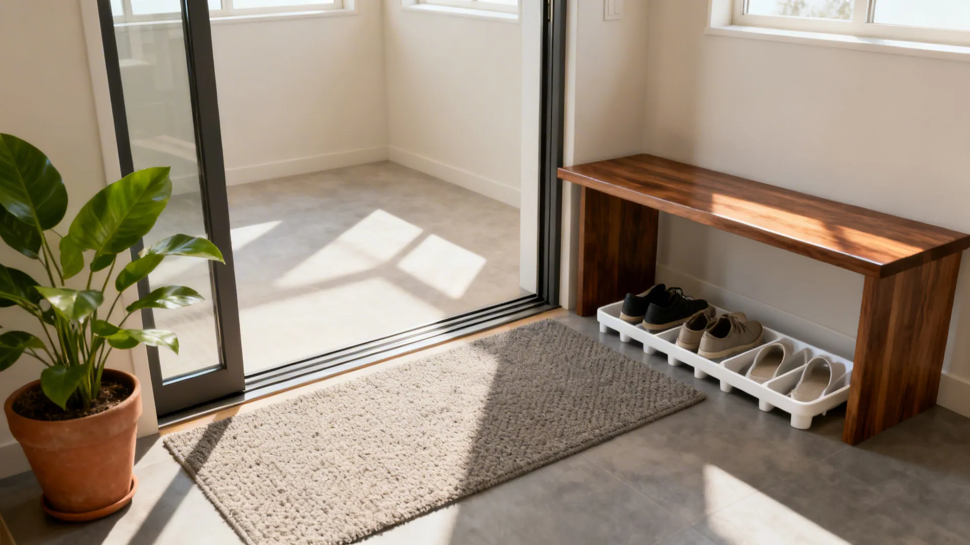 Sliding door threshold with a slim bench, narrow console, and washable rug defining the entry zone
