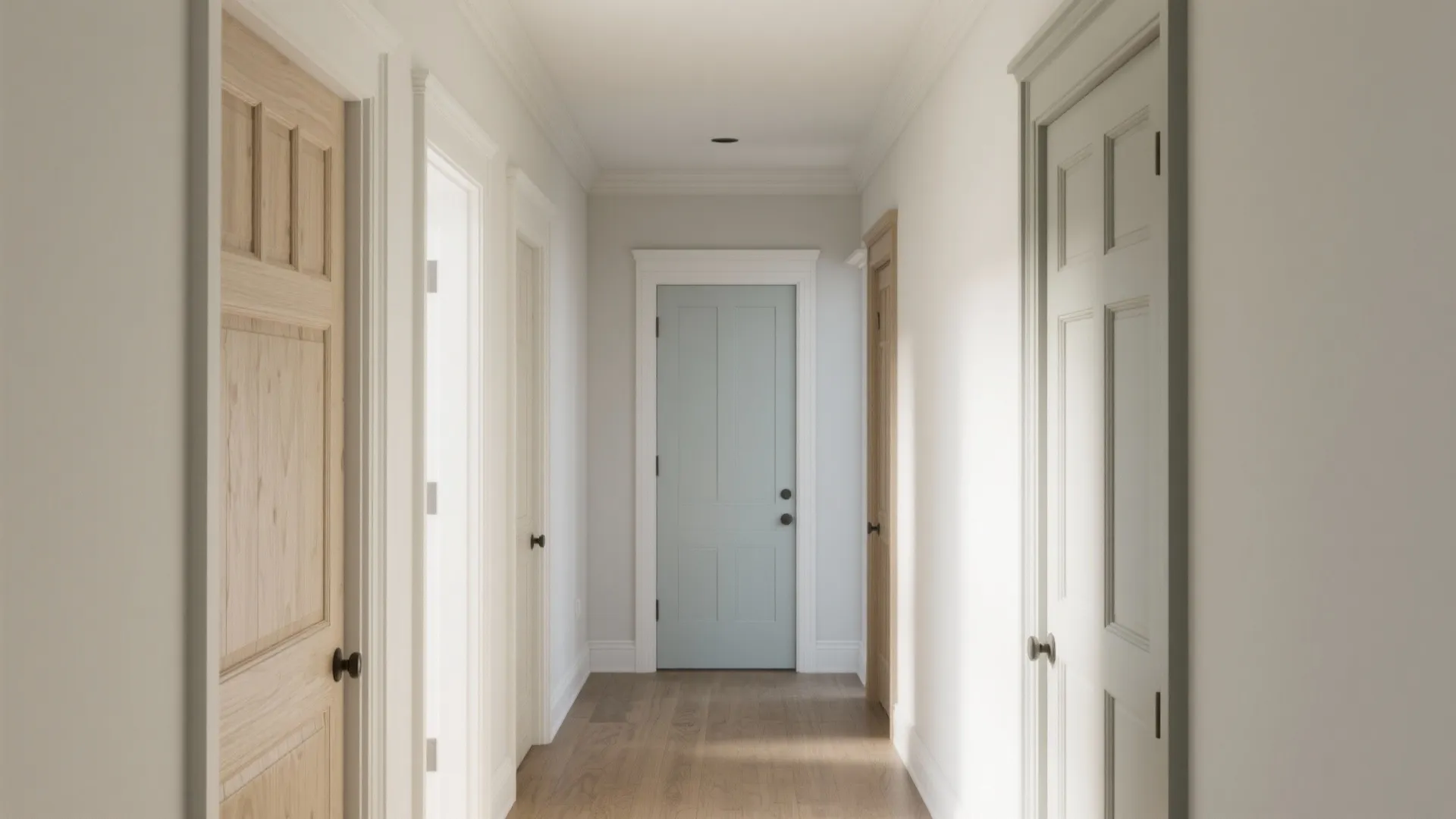 Bright hallway with multiple wooden and light blue doors featuring white frames and wood flooring
