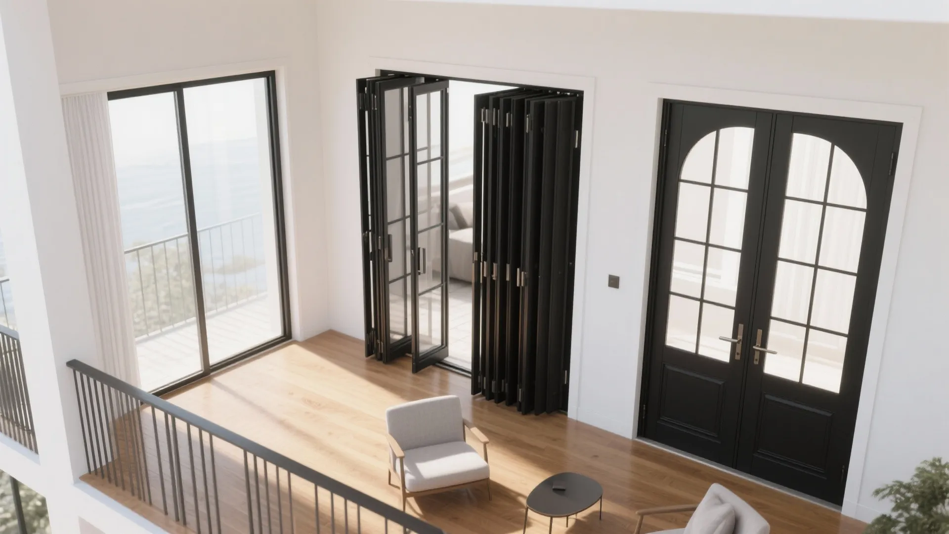 Modern bright living room showing different black door styles including folding glass and arched wood