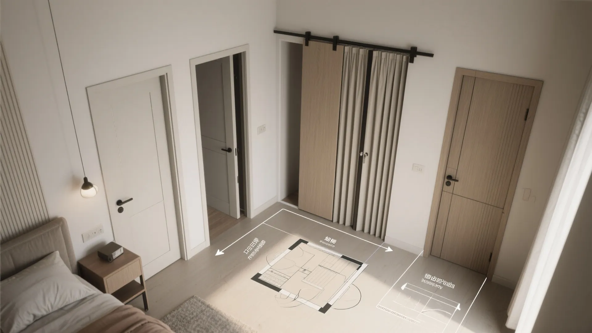 Interior design drawing showing different door types and room layout on a bedroom floor surface