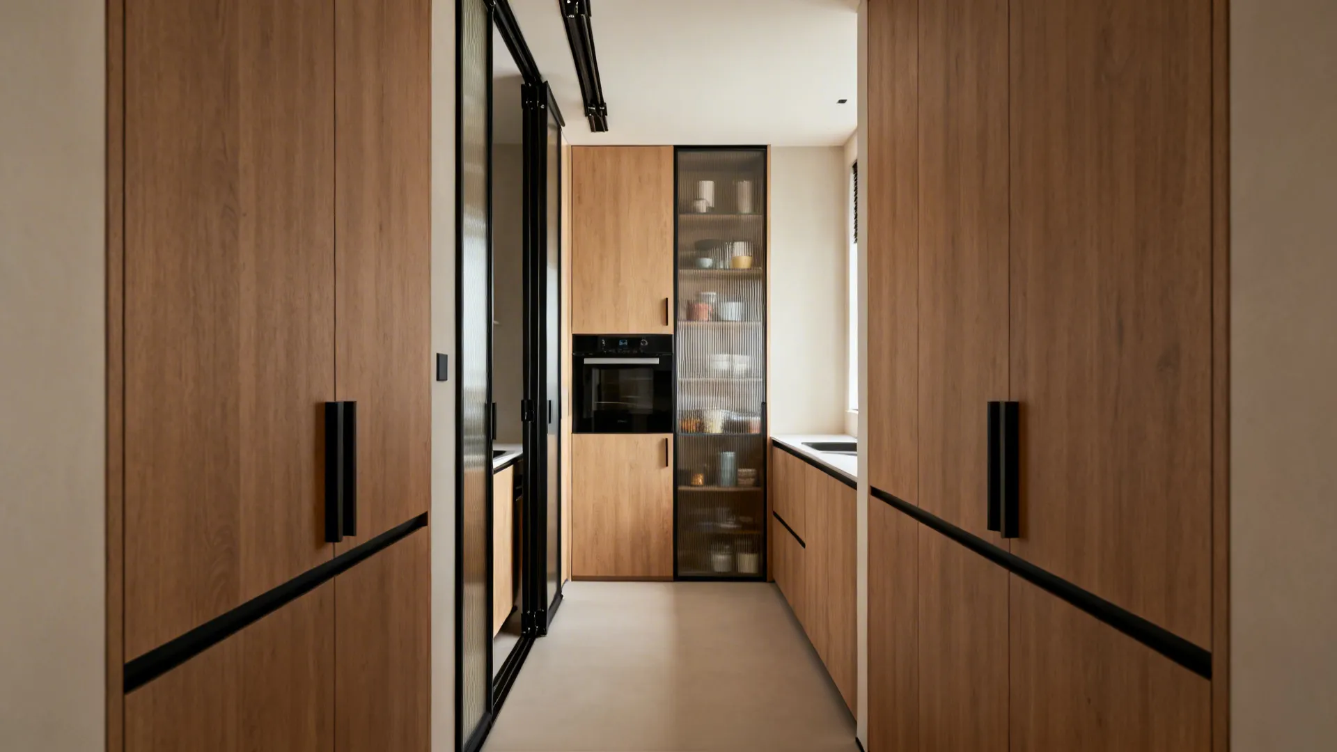 Narrow galley with mixed almirah doors: bi-fold, sliding, and reeded glass fronts.