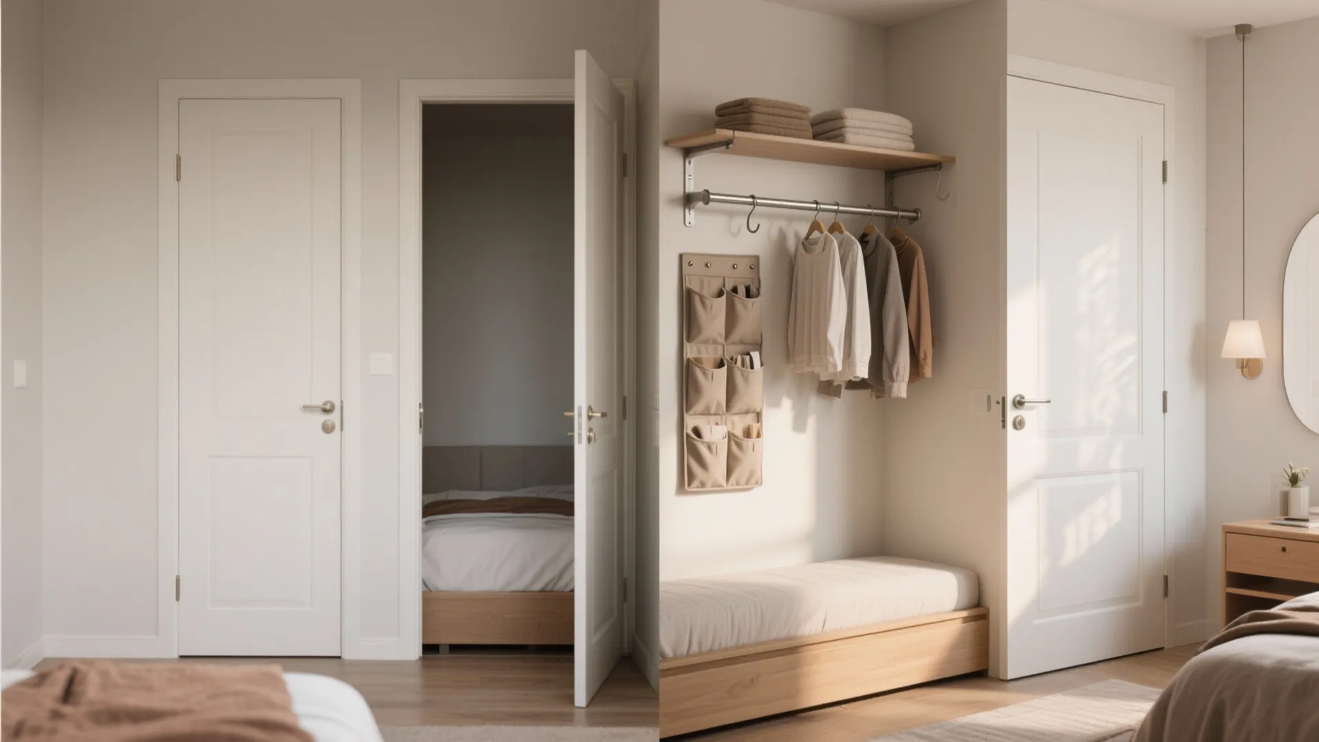 Minimalist bedroom showing white doors, wooden bed frame, hanging clothes rack, and a small bench seat
