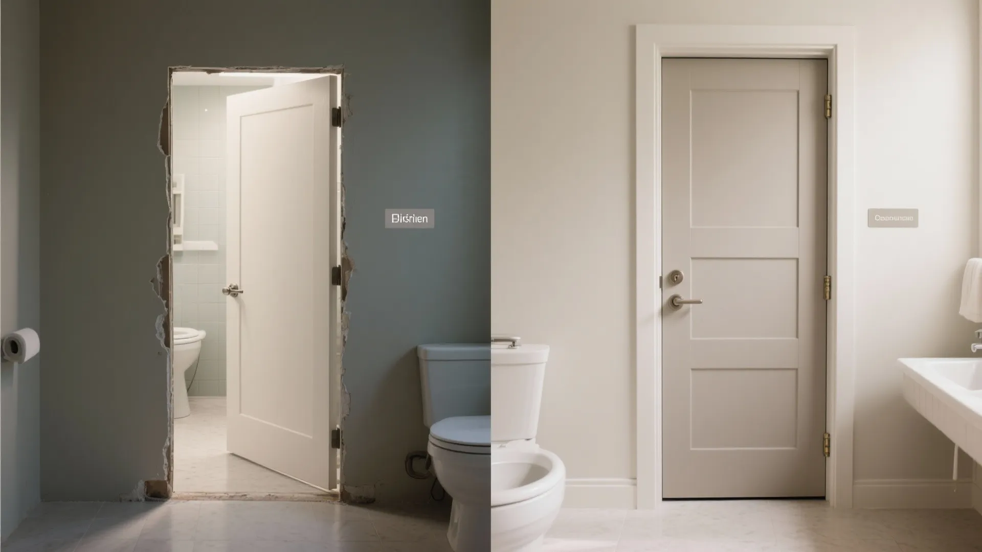 Before and after comparison of a broken wall during renovation versus a finished white door