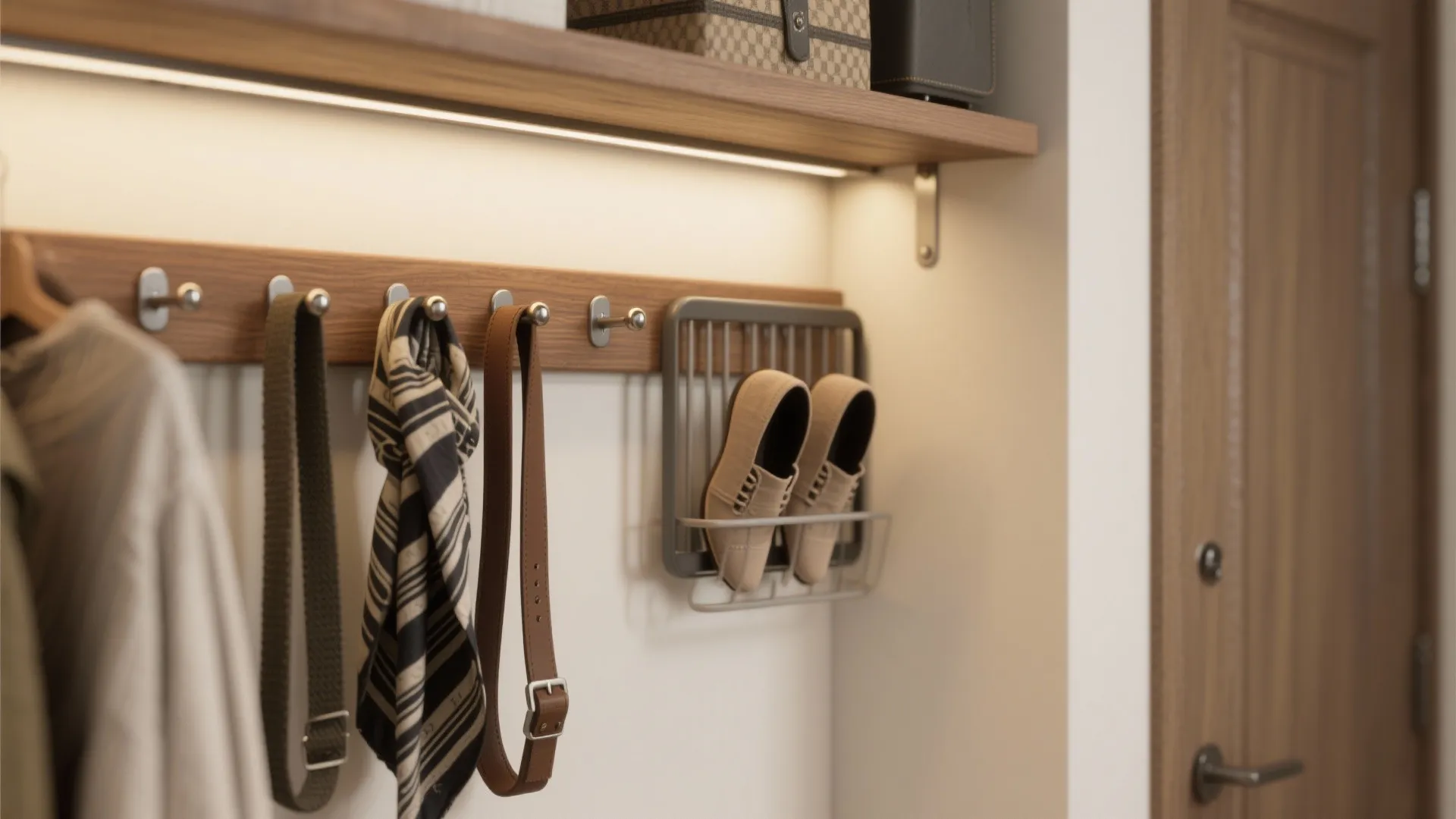 Wooden wall hooks holding a striped scarf and brown belt with shoes on a rack