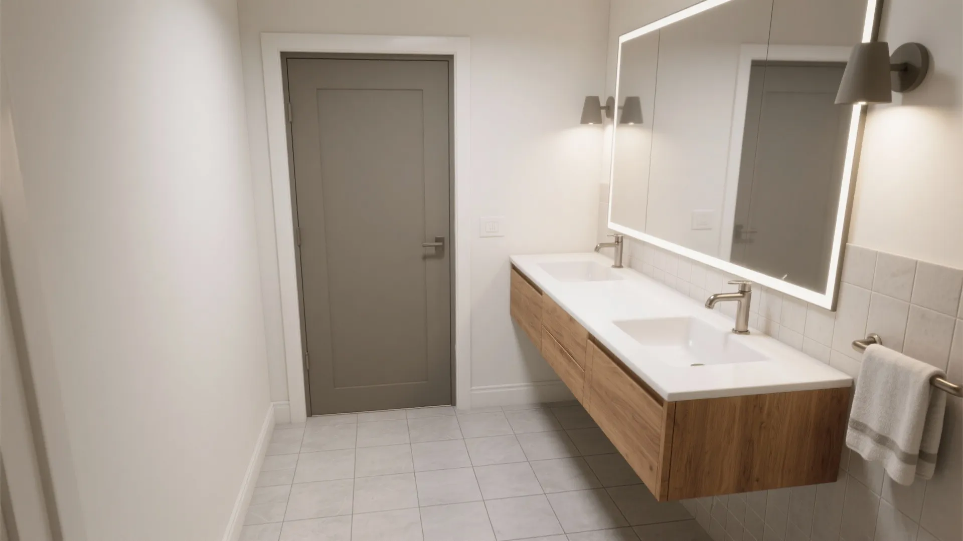 Idea 1: Choose an efficient door and a wall-hung vanity