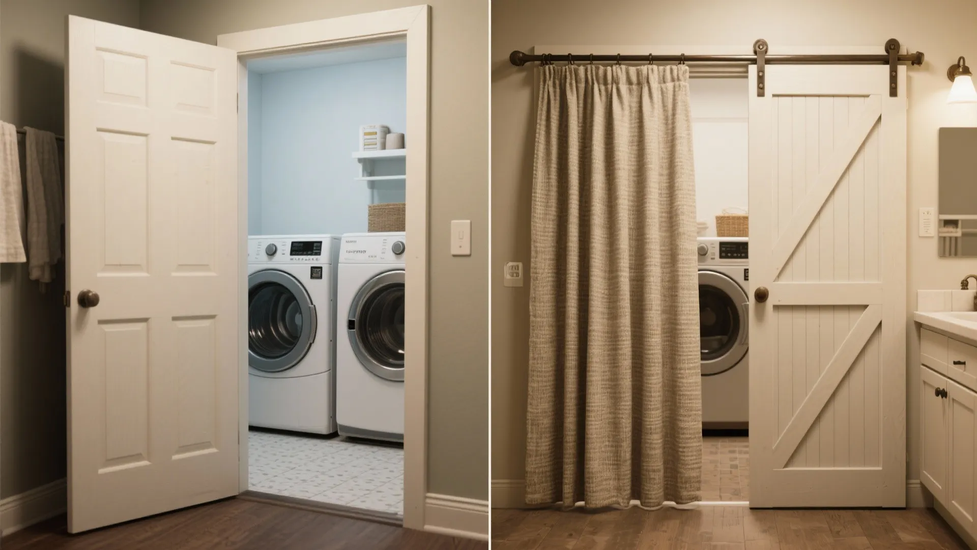 Side by side comparison of a laundry room with a hinged door and a curtain