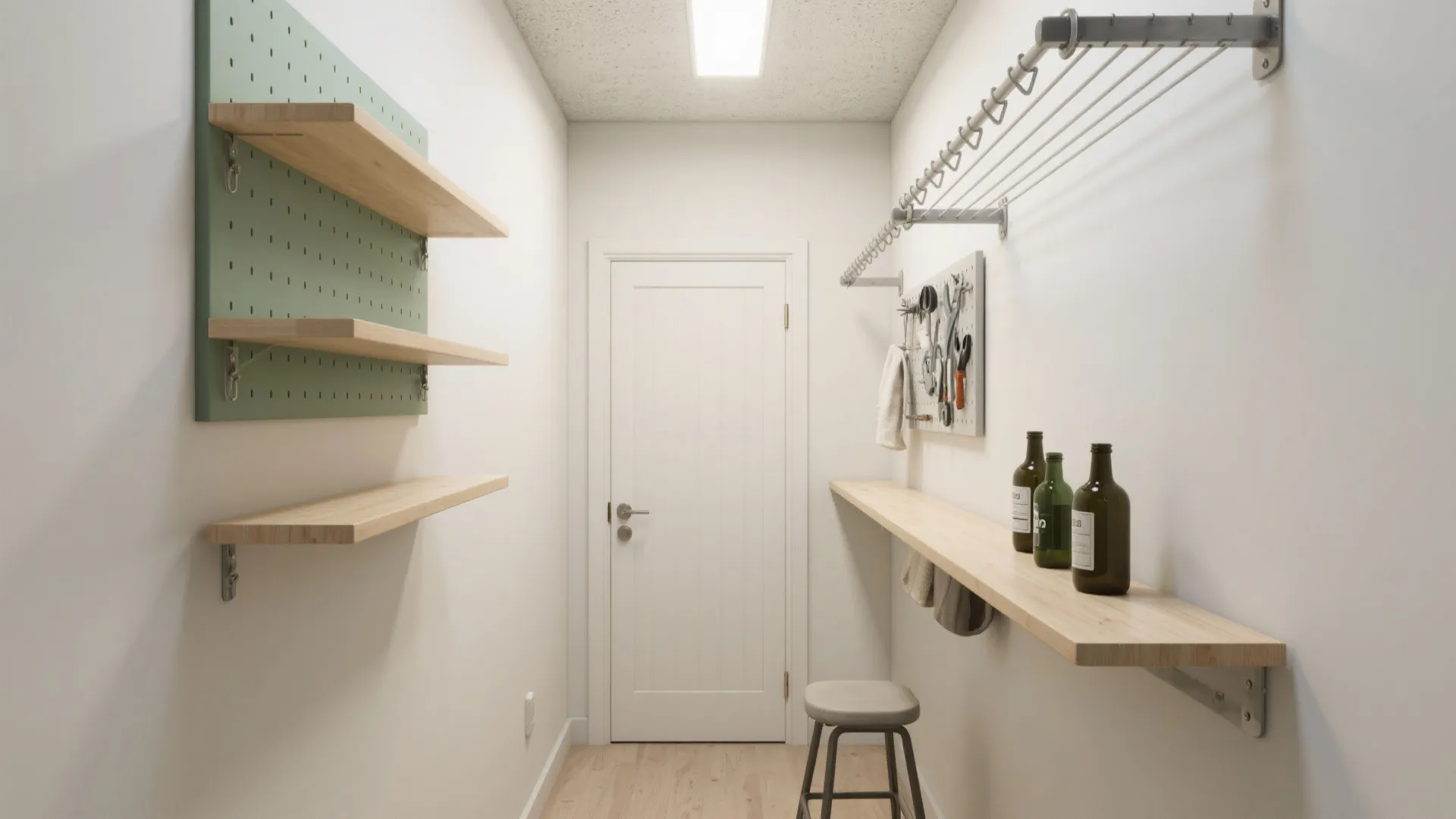 Small laundry room storage space with wooden shelves and a white door with ceiling light