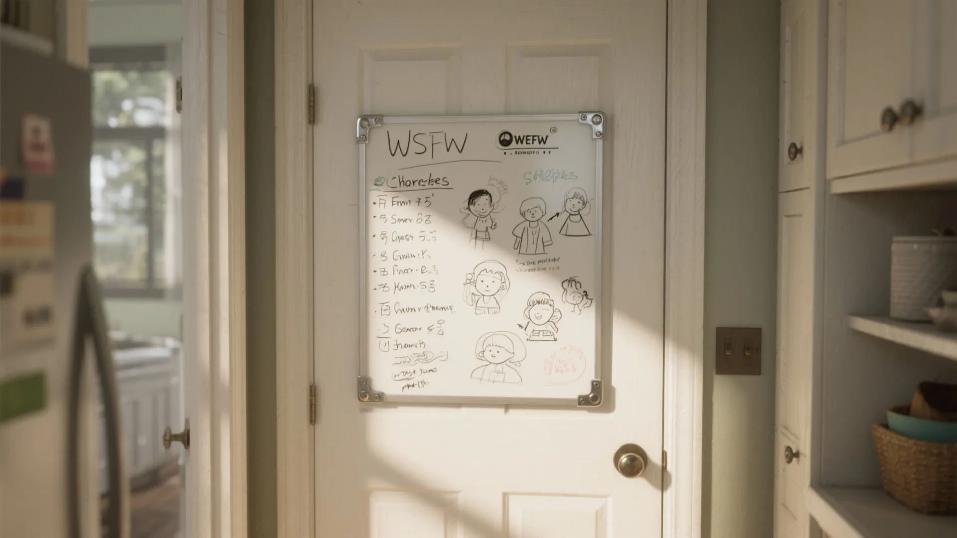 A pantry door used as a whiteboard with lists and edge guards protecting the paint.