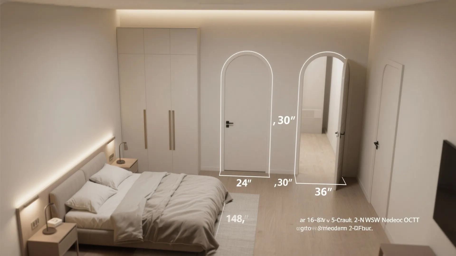 Top-down plan of a bedroom comparing 24, 30 and 36 inch door swing clearances