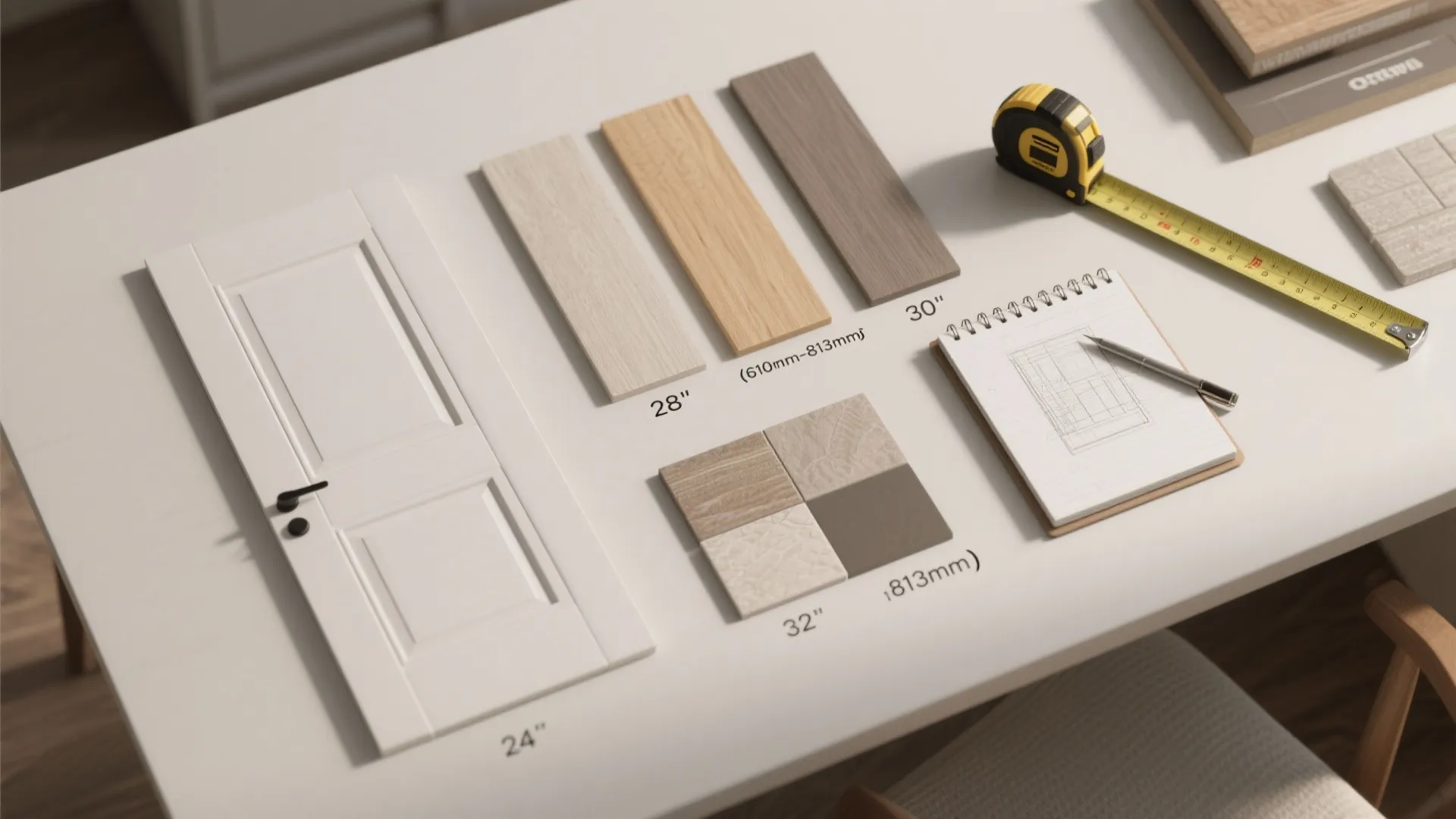Interior design drawing with door samples tape measure and notebook on a white table for planning