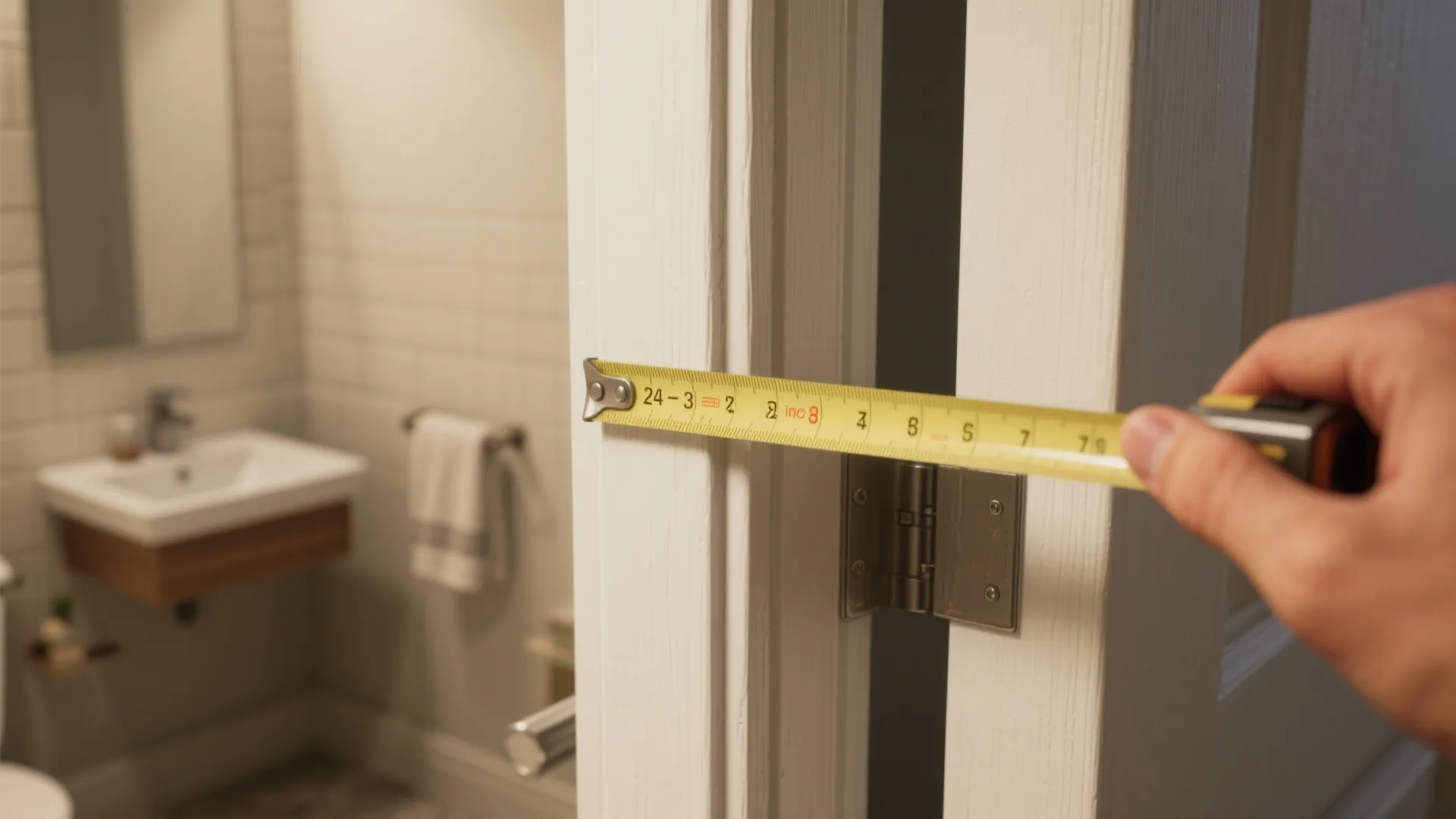Close up of a hand using a yellow tape measure to check white door thickness
