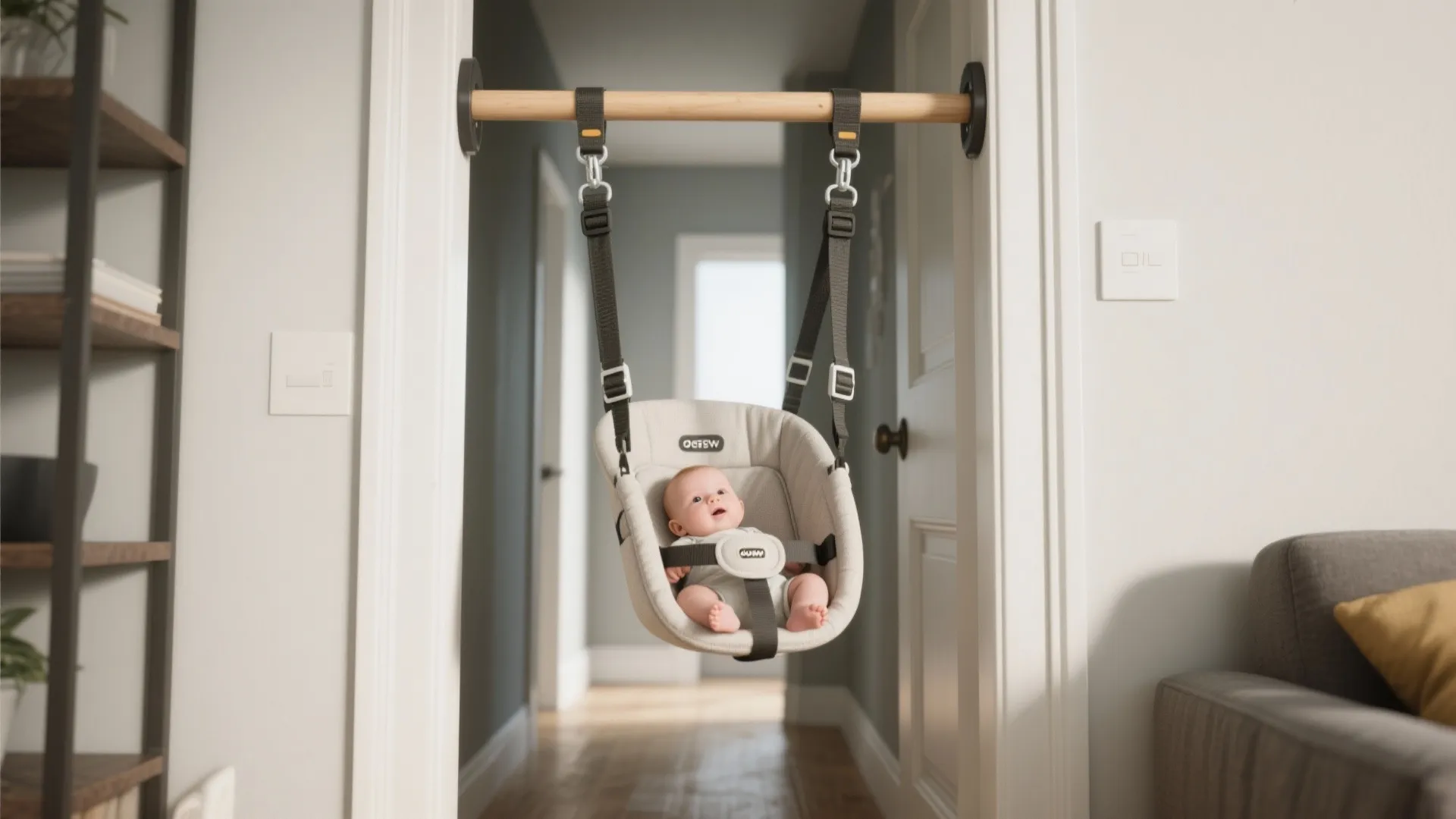Baby sitting in a beige swing attached to a wooden bar inside a white home doorway