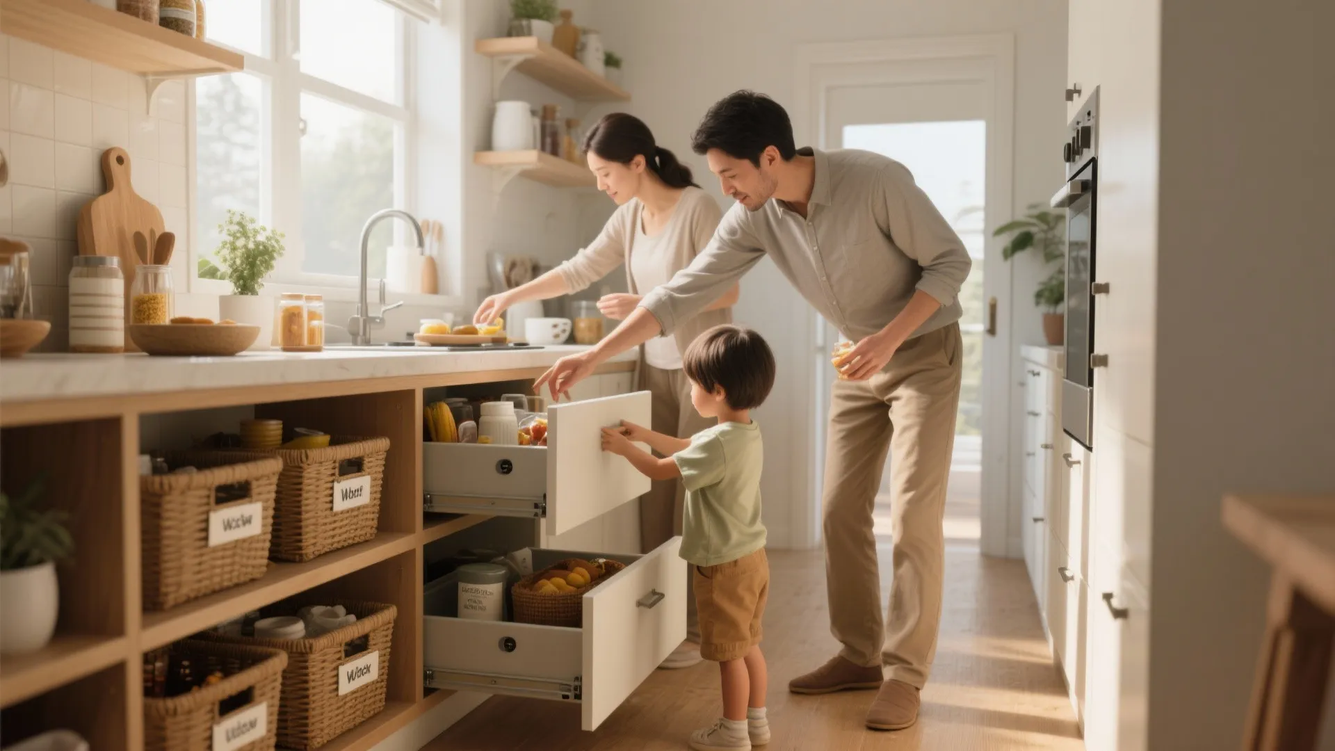 Happy family in bright kitchen using white pullout drawers and woven baskets for organized storage