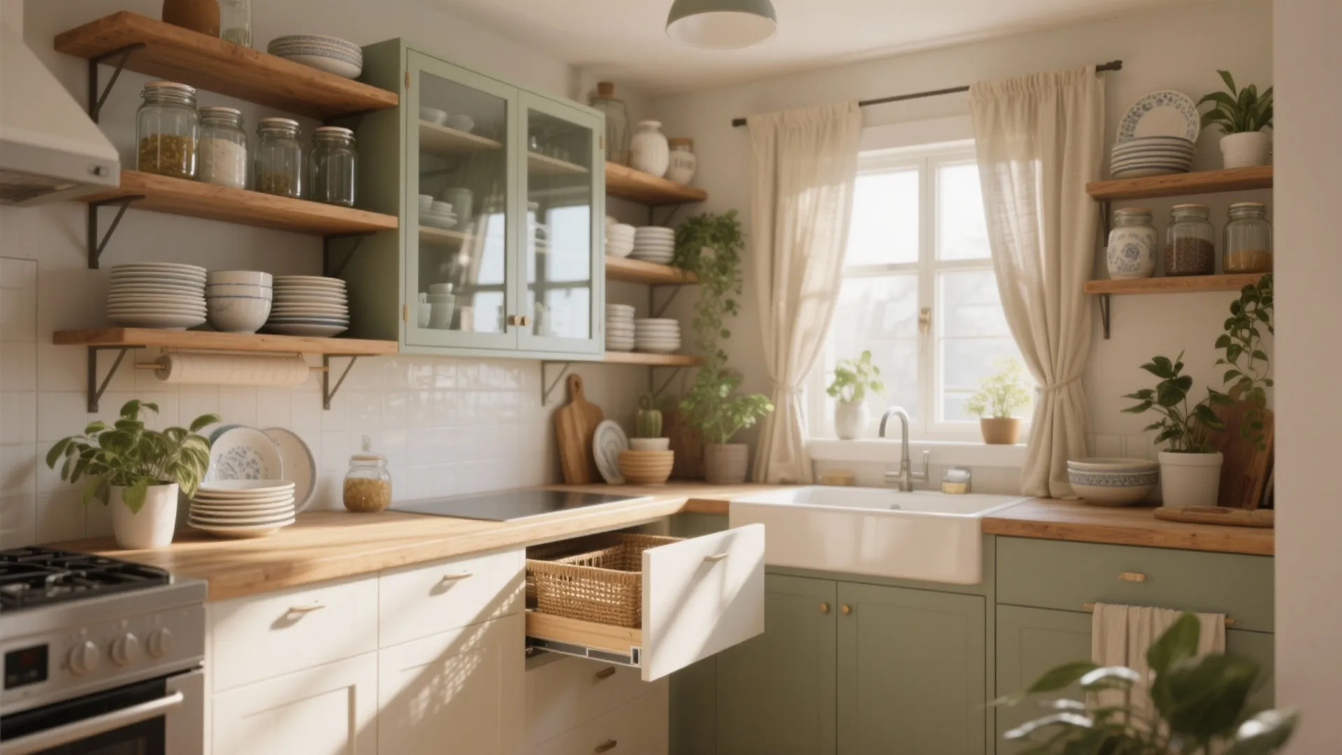 Bright kitchen with green cabinets wooden countertops open shelves white sink and a large window