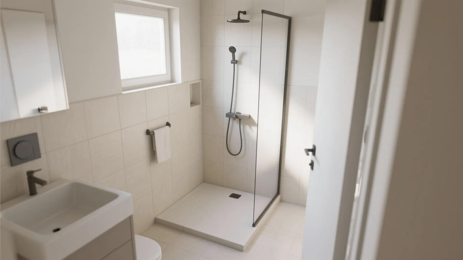 Bright minimalist bathroom with a walk in shower area featuring black hardware and white tiles