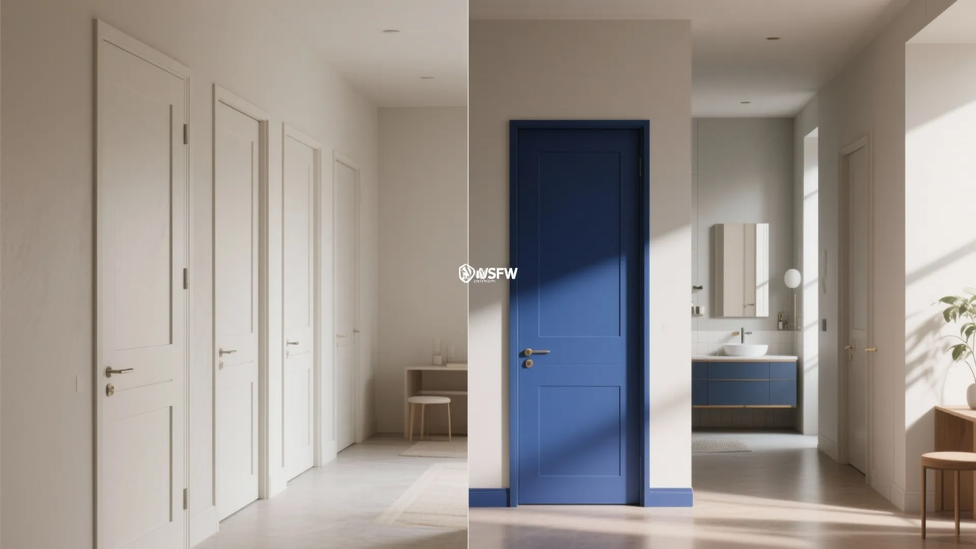 Side by side comparison of a white hallway and a bright blue bathroom interior door