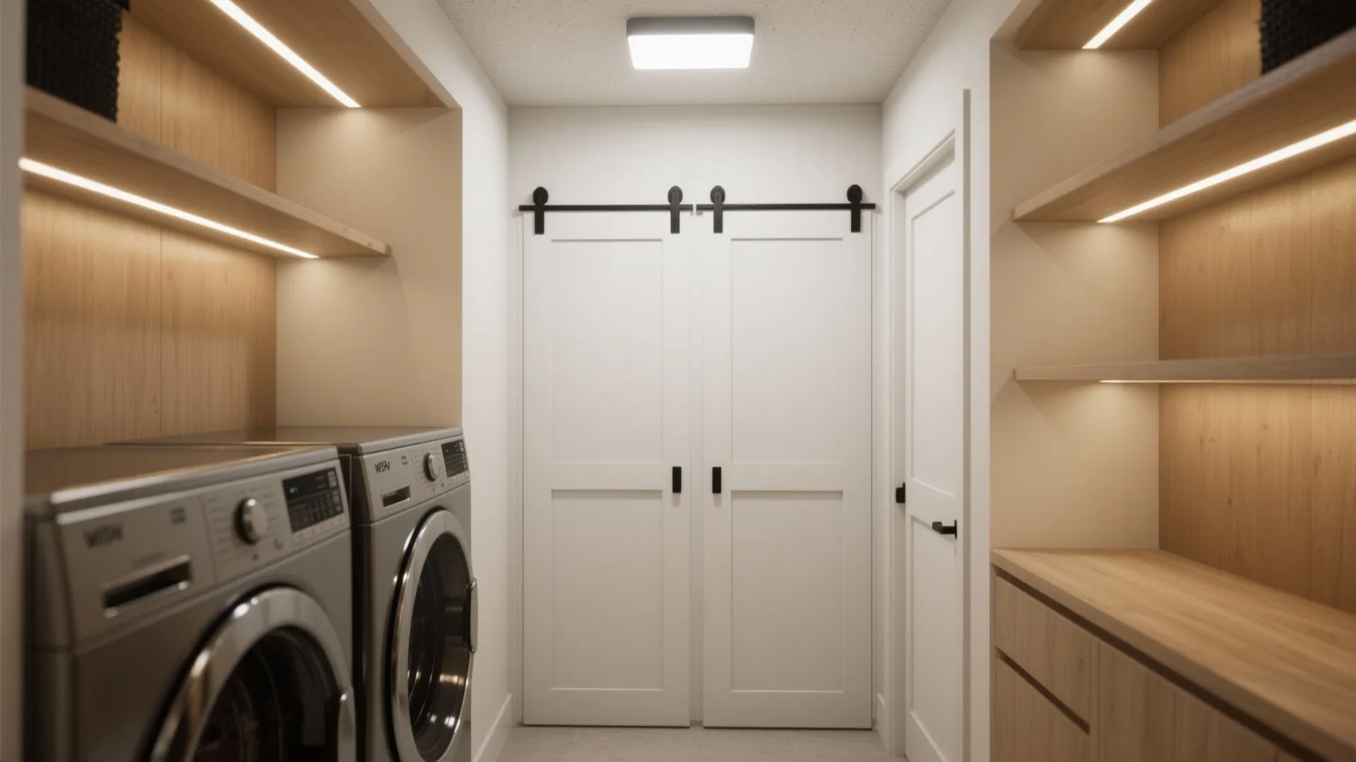 Modern laundry room featuring white sliding barn doors wood shelves with lights and washing machines