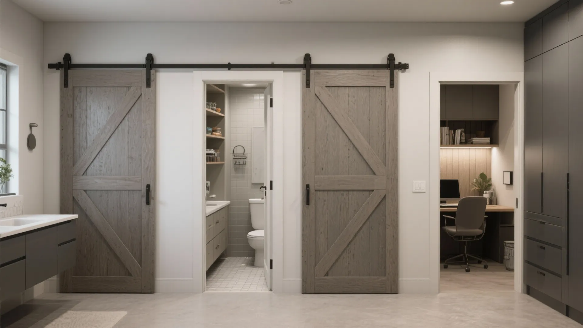 Barn doors used for a compact bathroom entry, pantry concealment, and a small home office nook with moisture-resistant finishes.