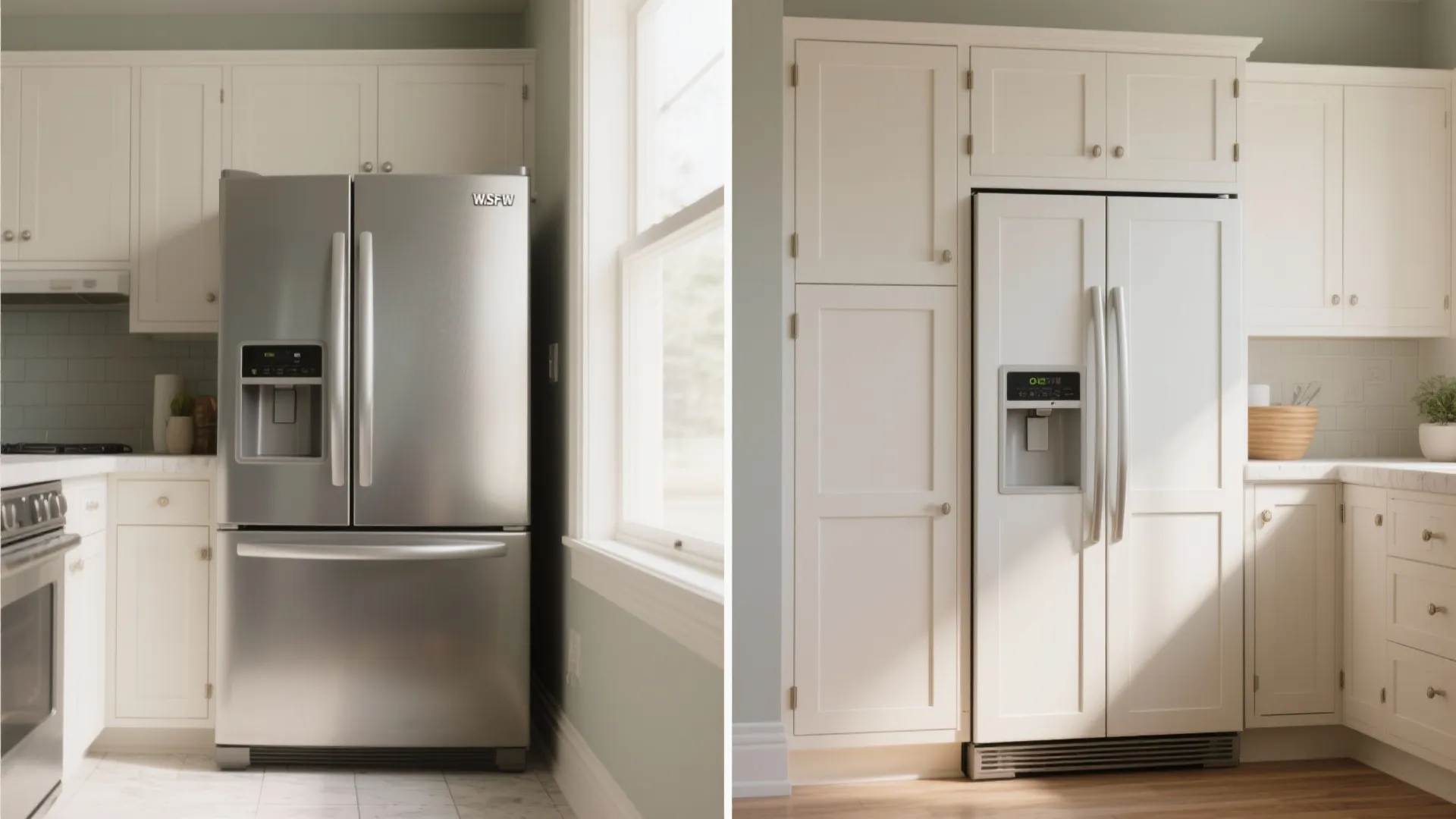 Before and after comparison of a standalone metal fridge versus a built in white cabinet