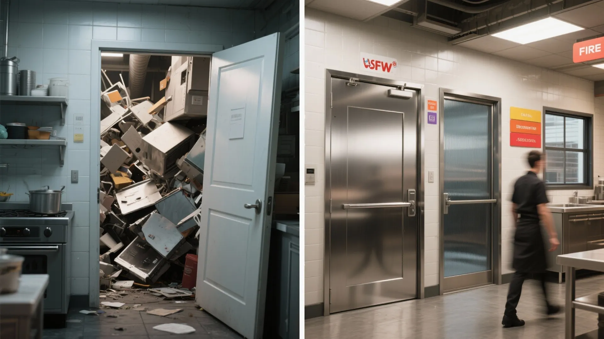 Before and after comparison of a messy storage room and a clean professional kitchen area