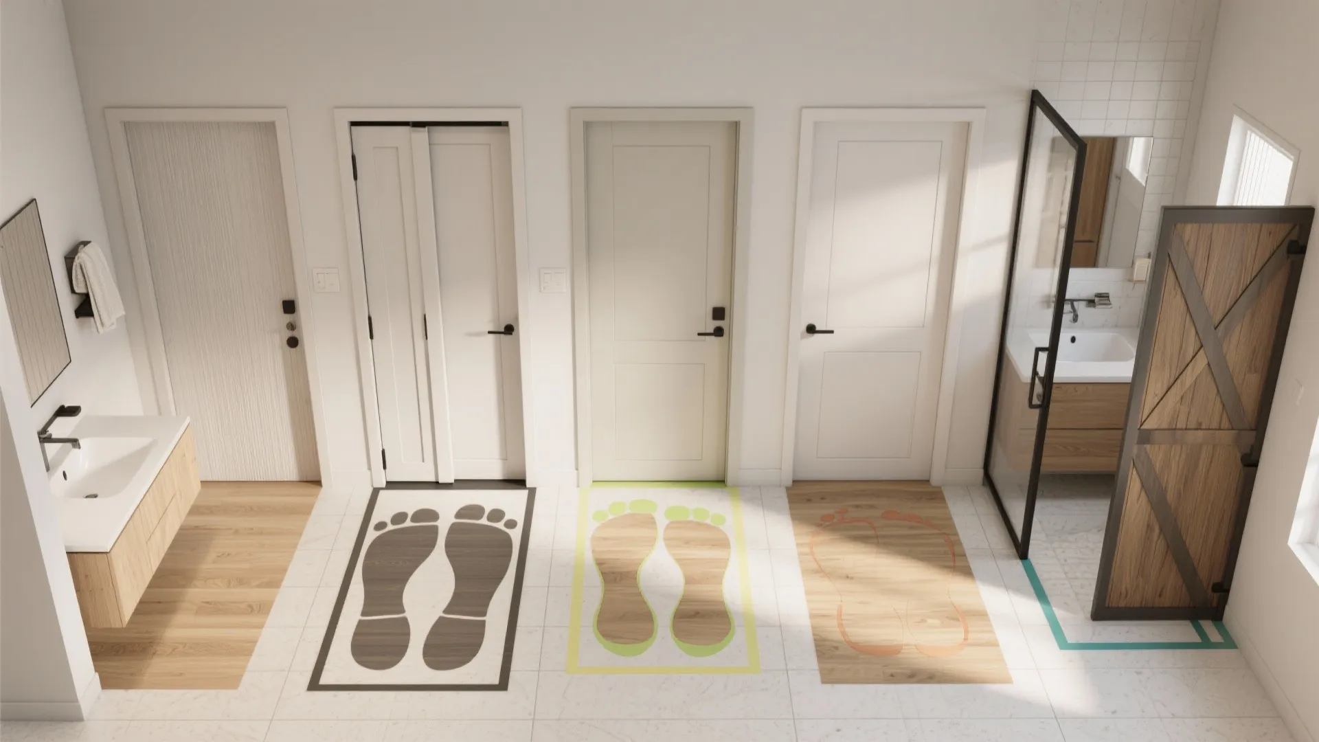 Comparison of different door styles and bathroom layouts featuring wooden cabinets sinks and tile flooring