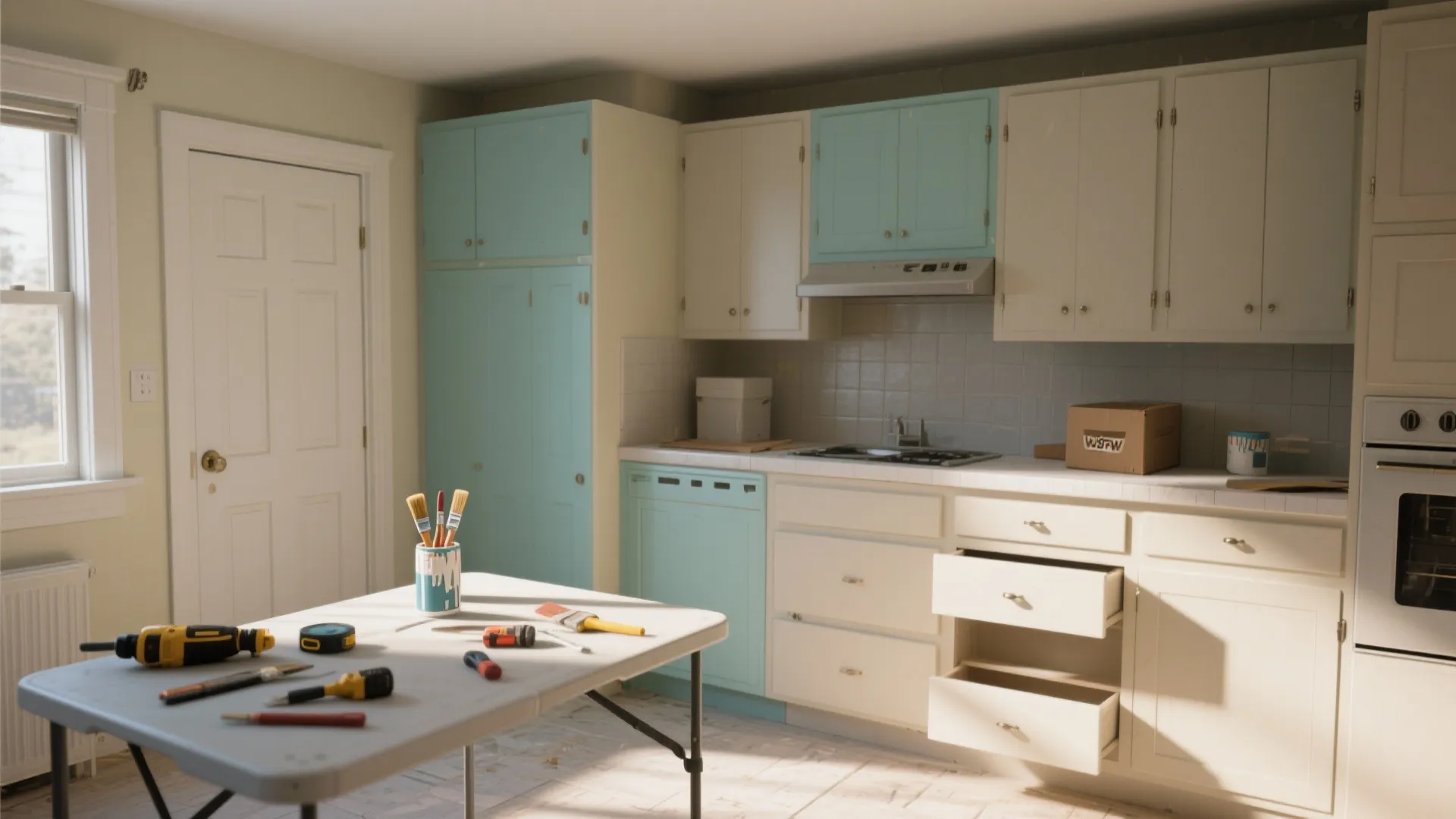 Kitchen renovation scene with painted blue cabinets white drawers tools on table and open windows