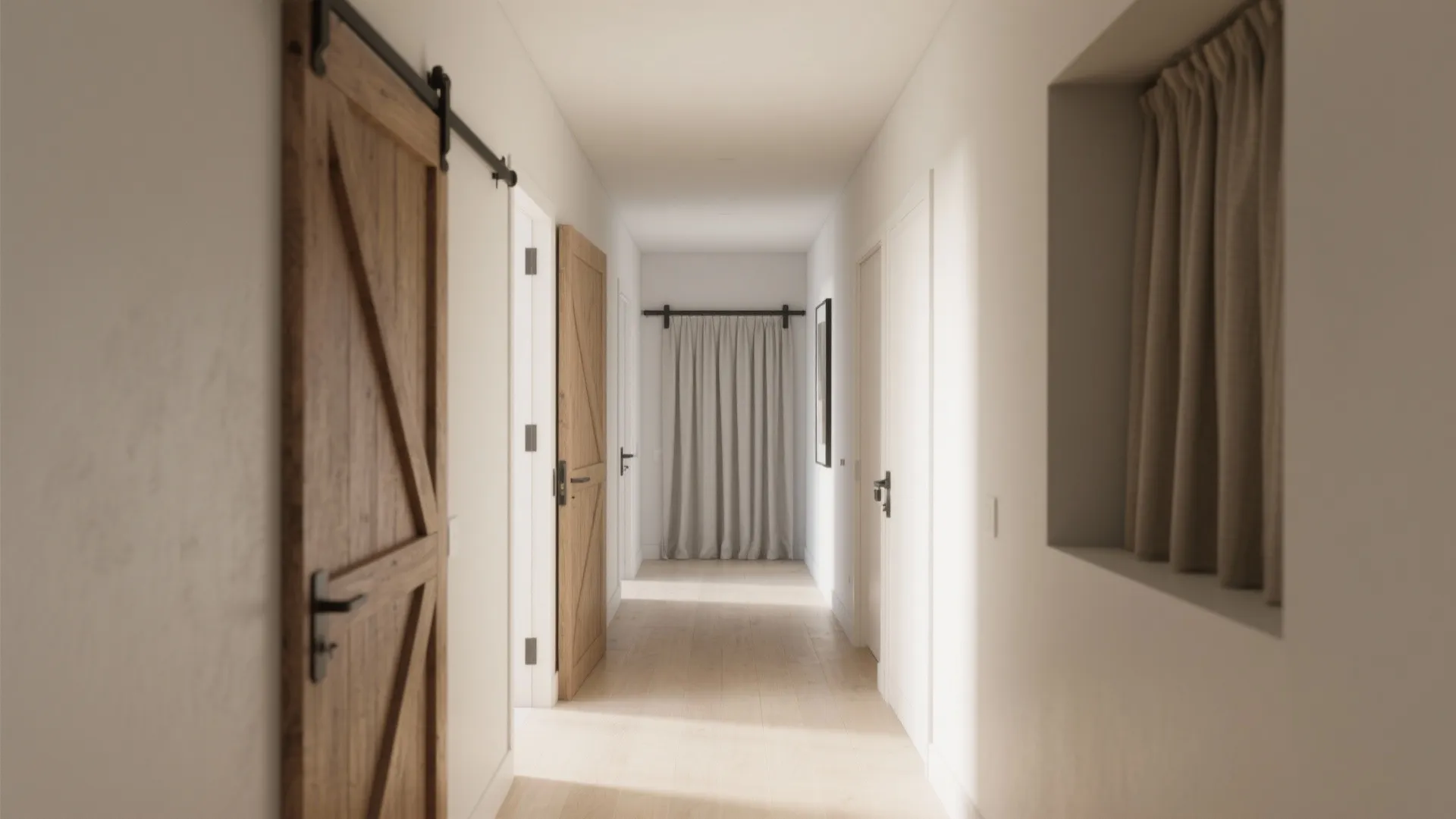 Apartment hallway showing pocket door, barn sliding door, bi-fold panels, and curtain divider as examples for FAQs on small-space doors.