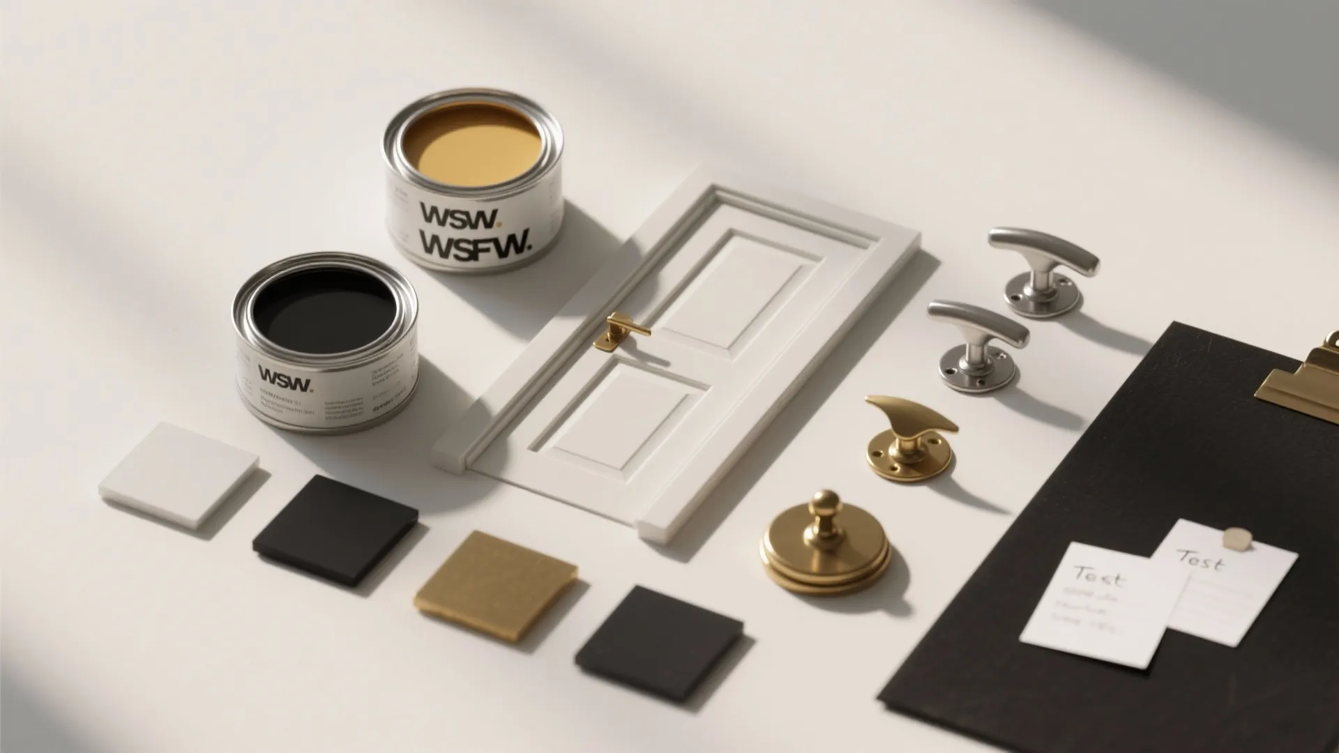 Interior design drawing with white door model paint cans metal handles and colorful material samples