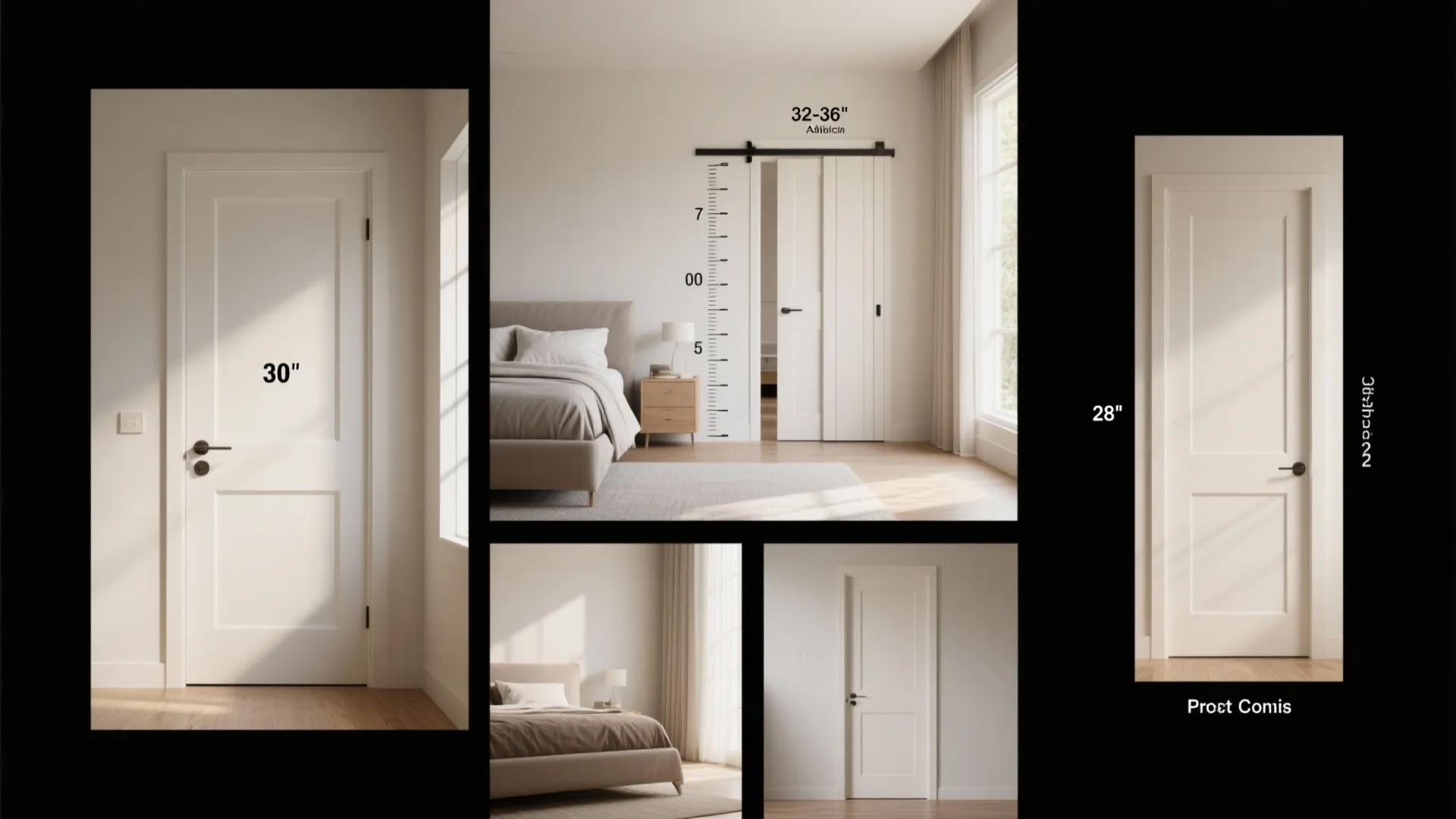 Collage showing common door widths, sliding door, and accessibility measurement examples