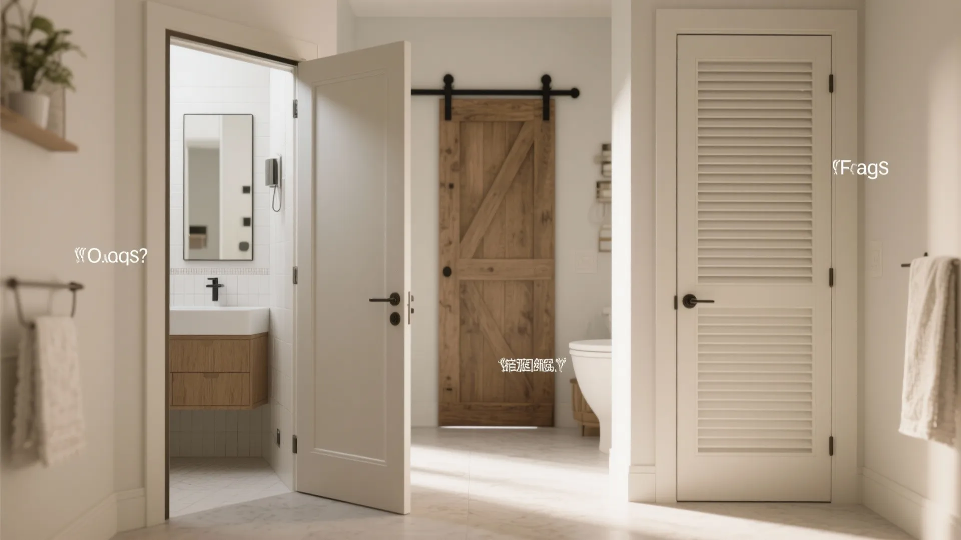 Composite editorial image showing multiple small-bathroom door solutions used in FAQ answers: pocket, mirror, barn, and louvered doors.