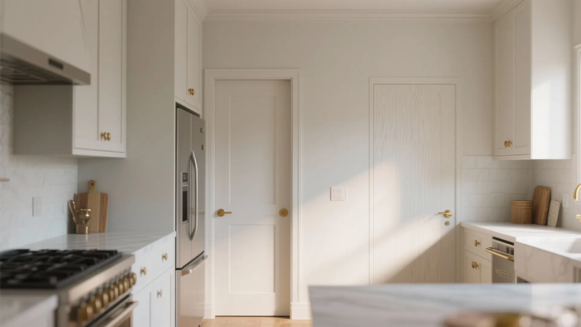 Modern white kitchen with stainless steel fridge golden door handles cabinets and two white interior doors