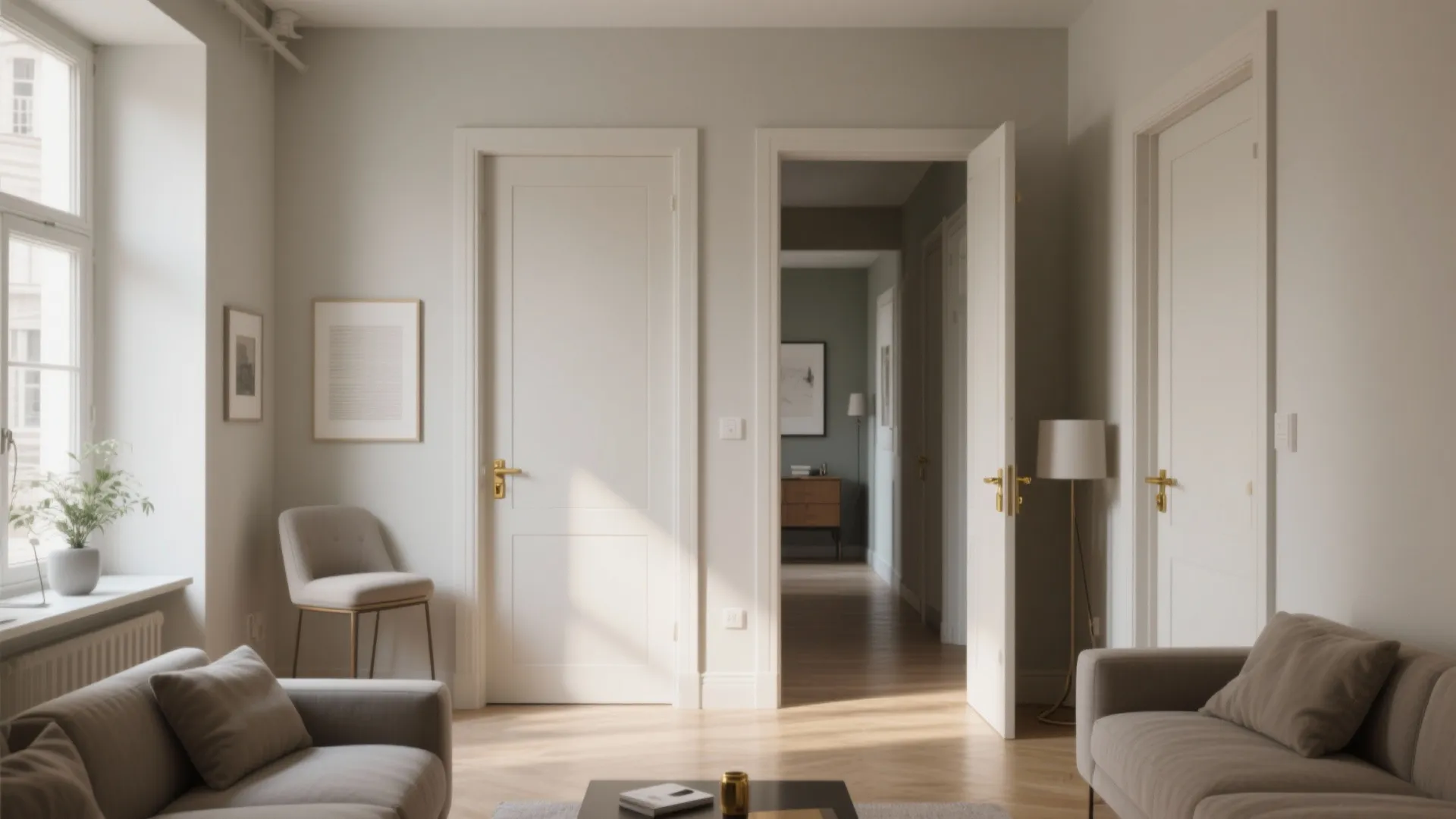 Modern living room featuring white interior doors with gold handles sofa chair and large windows