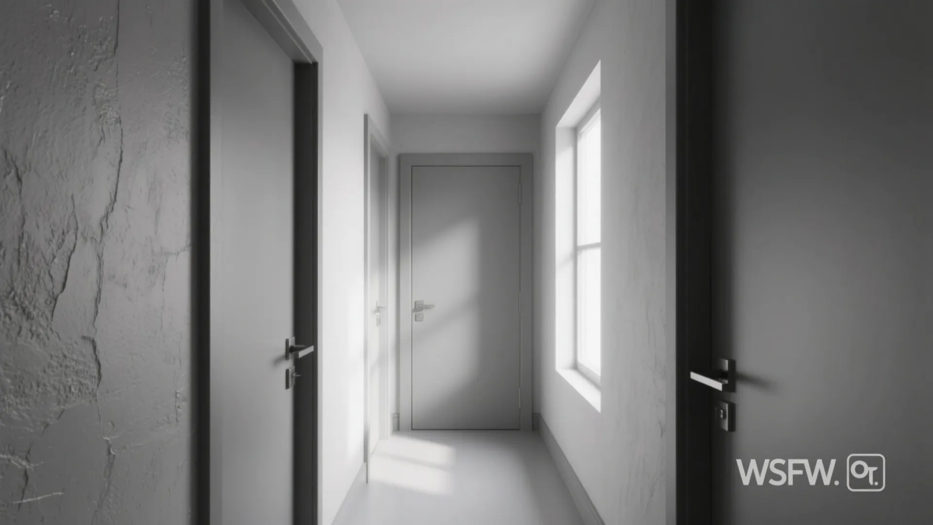 Simple grey hallway with several interior doors a small window and sunlight on the floor