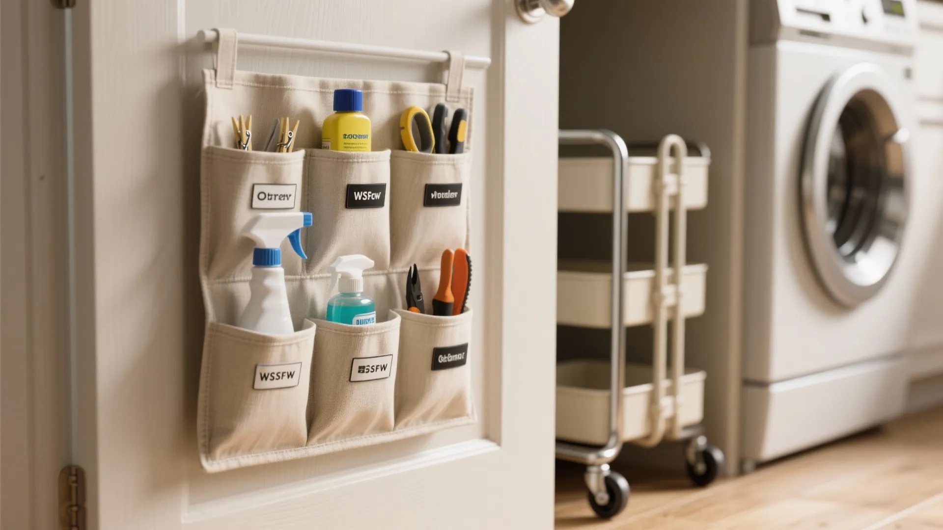 Fabric door hanging storage bag with pockets for cleaning supplies and tools in laundry room area