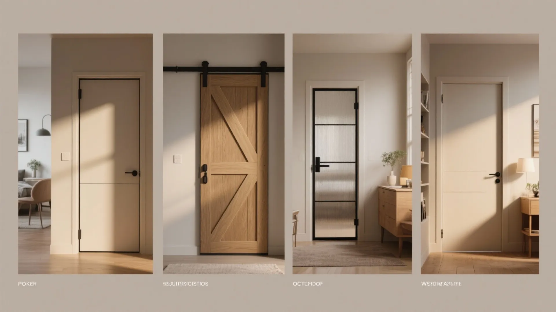 Display of four interior door styles featuring wooden sliding door glass panel door and white