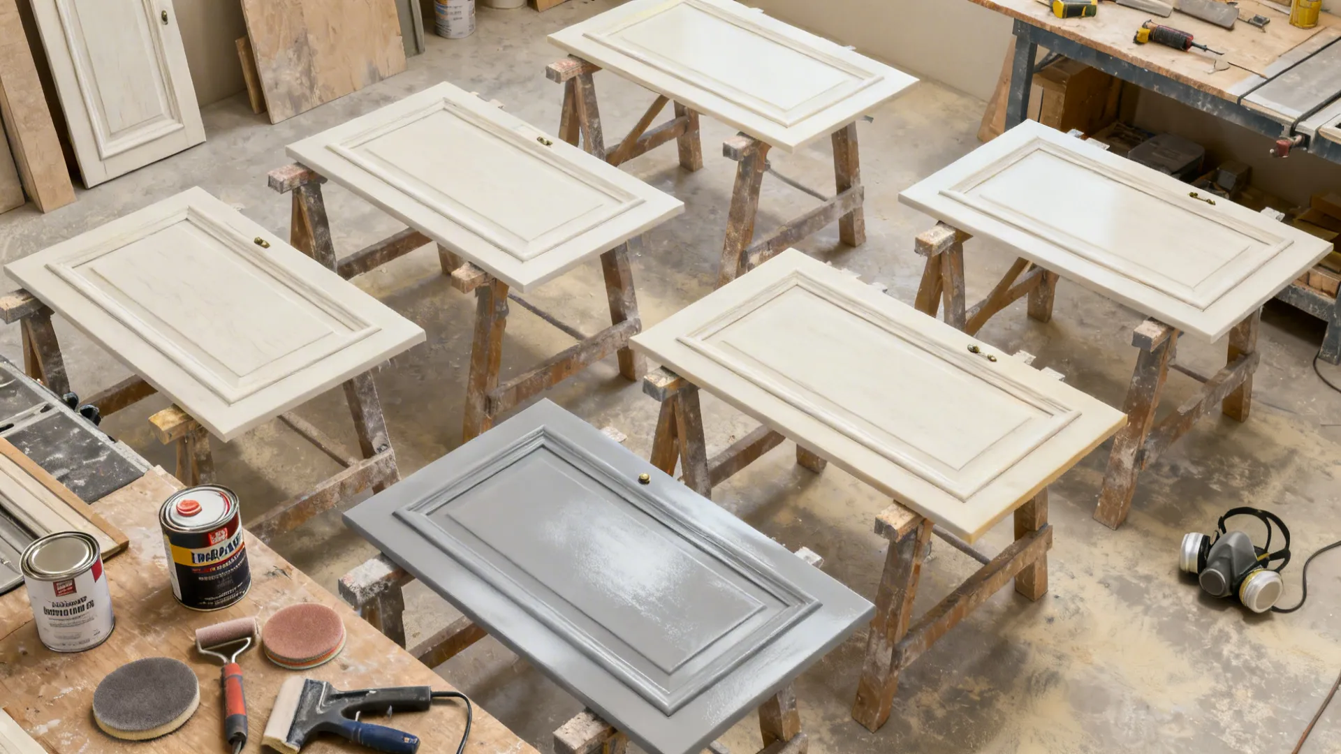 Workshop top-down view of cabinet doors prepped for sanding and spraying in a dust-free area
