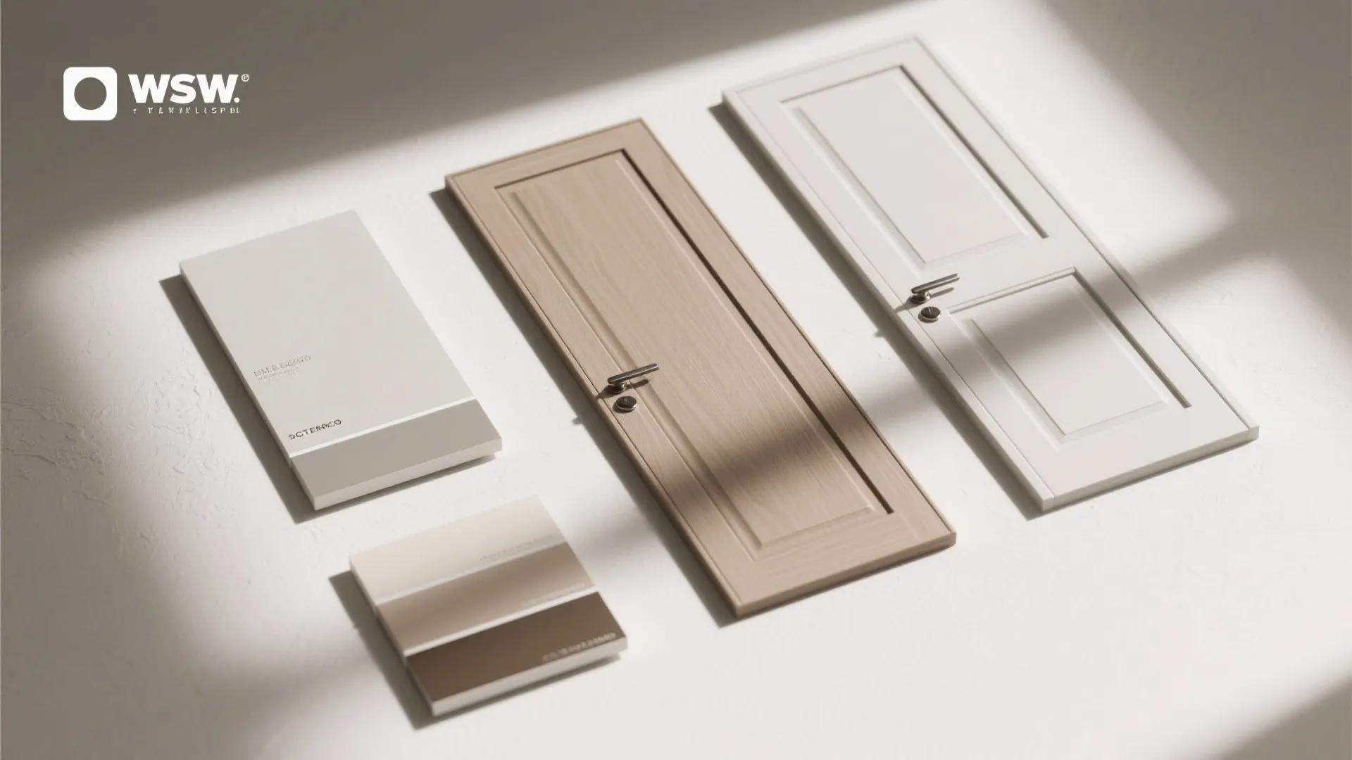 Two small wooden door models with silver handles next to color samples on white background floor