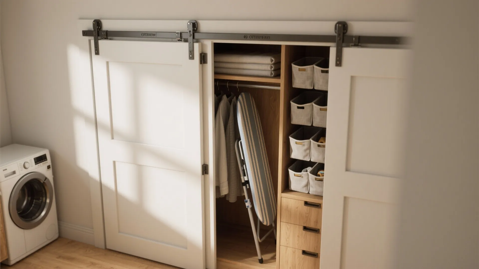 2. Use sliding or bi-fold doors that double as storage