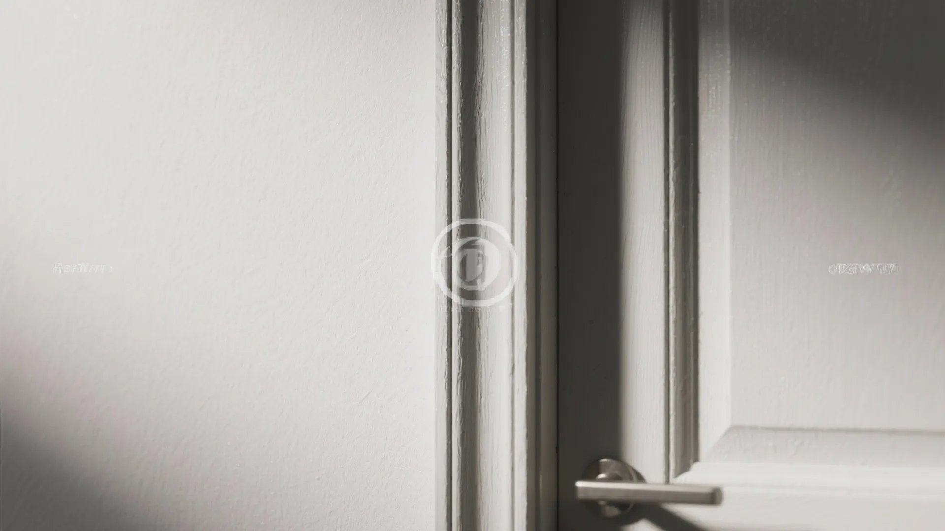 Close up view of white wall panel and door frame showing texture with silver door handle