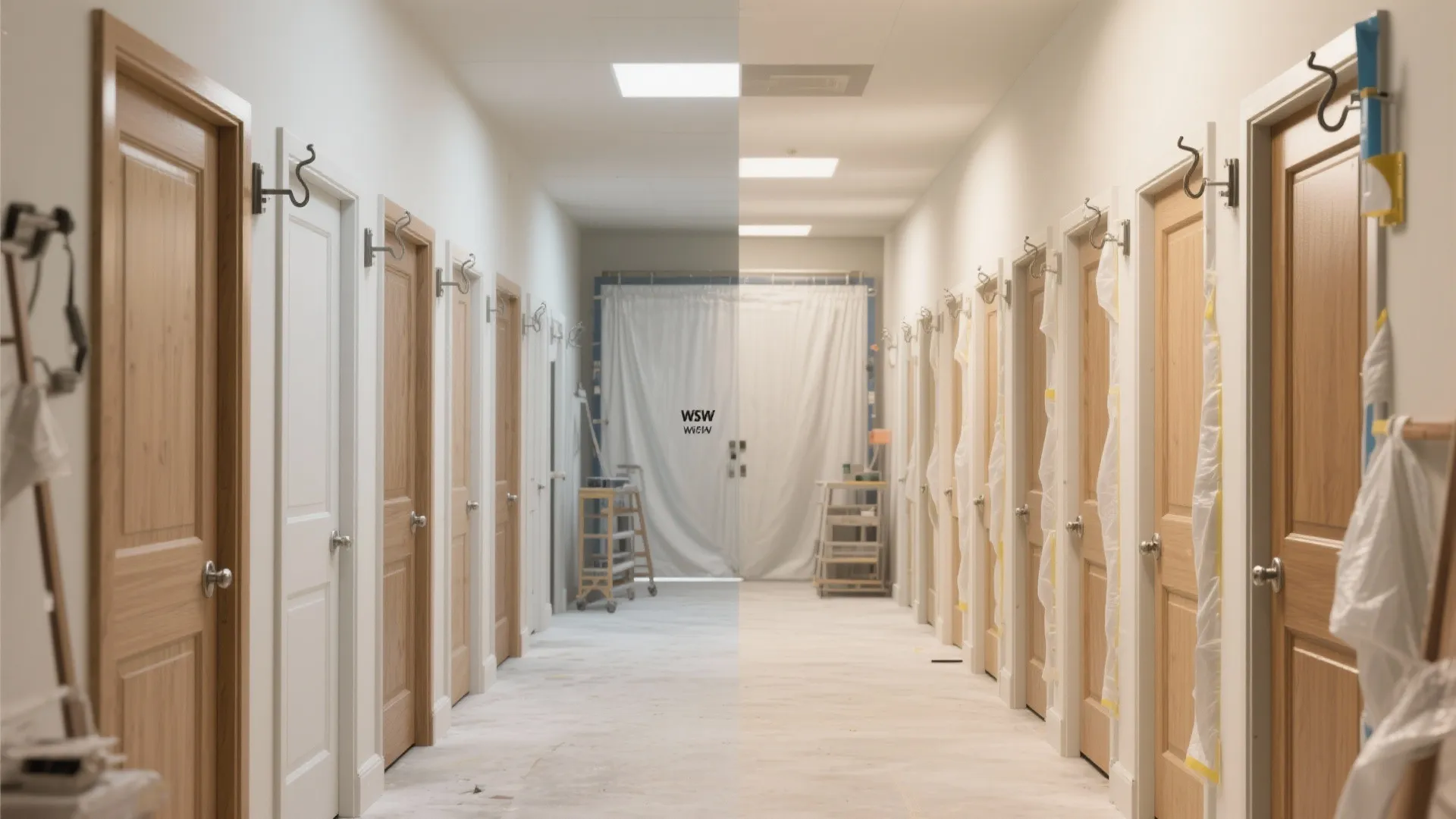 Before and after of multiple interior doors sprayed and rehung, showing consistent finish and a hallway spray setup.