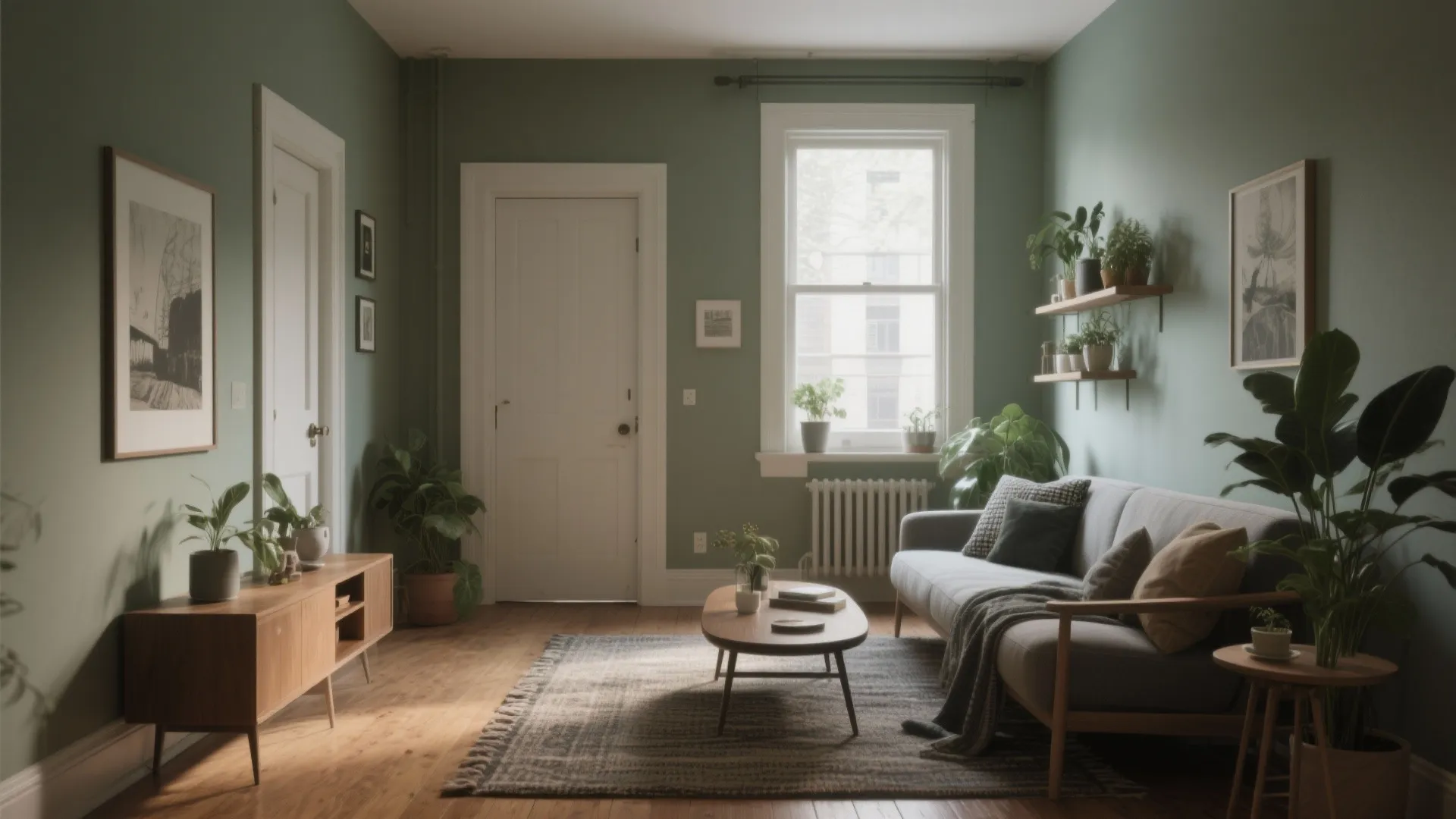 Living room with green walls grey sofa wooden coffee table rug window and many plants