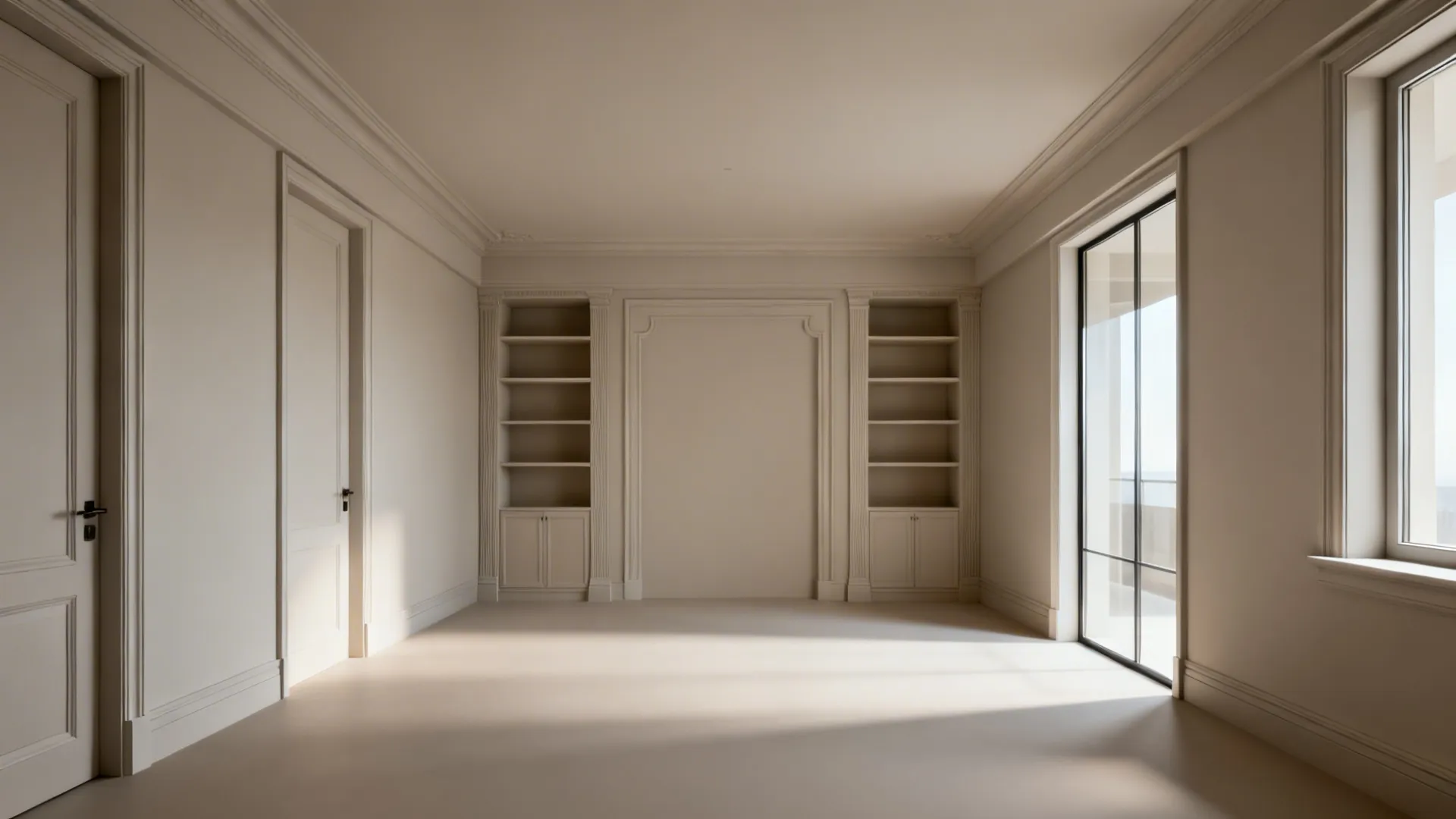 Two-point perspective room with aligned door and window heads and a focal shelving wall under soft daylight.
