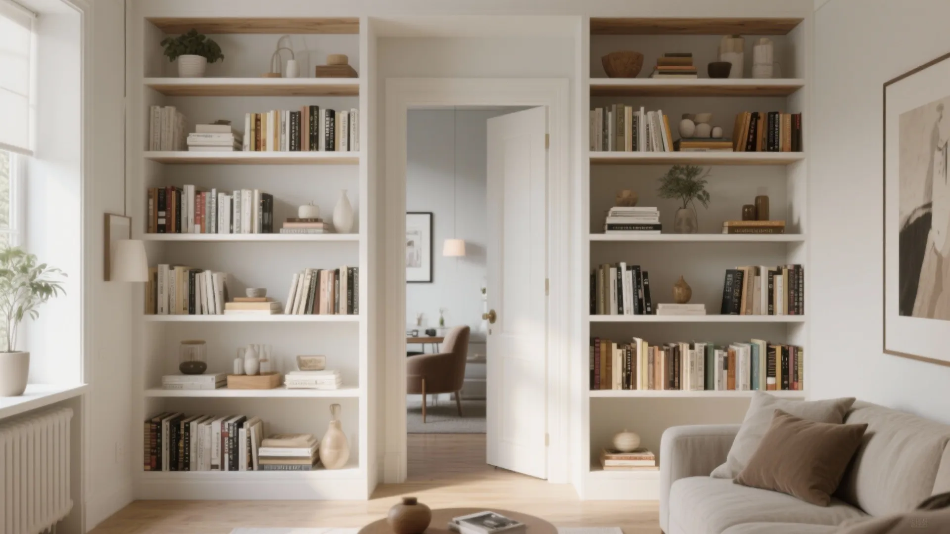 Built-in bookcase framing doorway in small modern living room