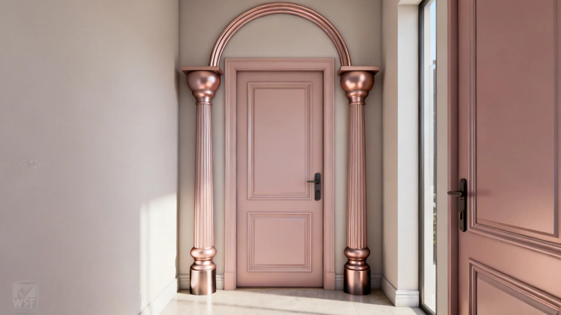 Pink interior door decorated with two rose gold columns and a matching metal arch frame