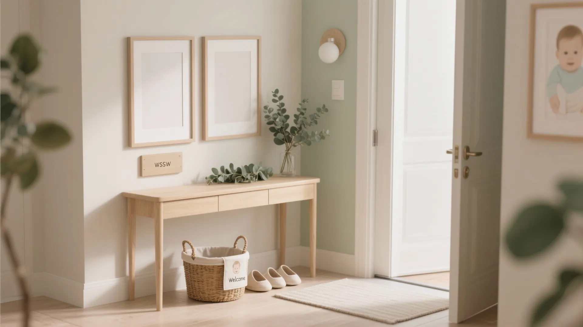 Slim console entry vignette with matte frames, eucalyptus, and a shoe basket for a tidy, gender-neutral baby welcome decoration.