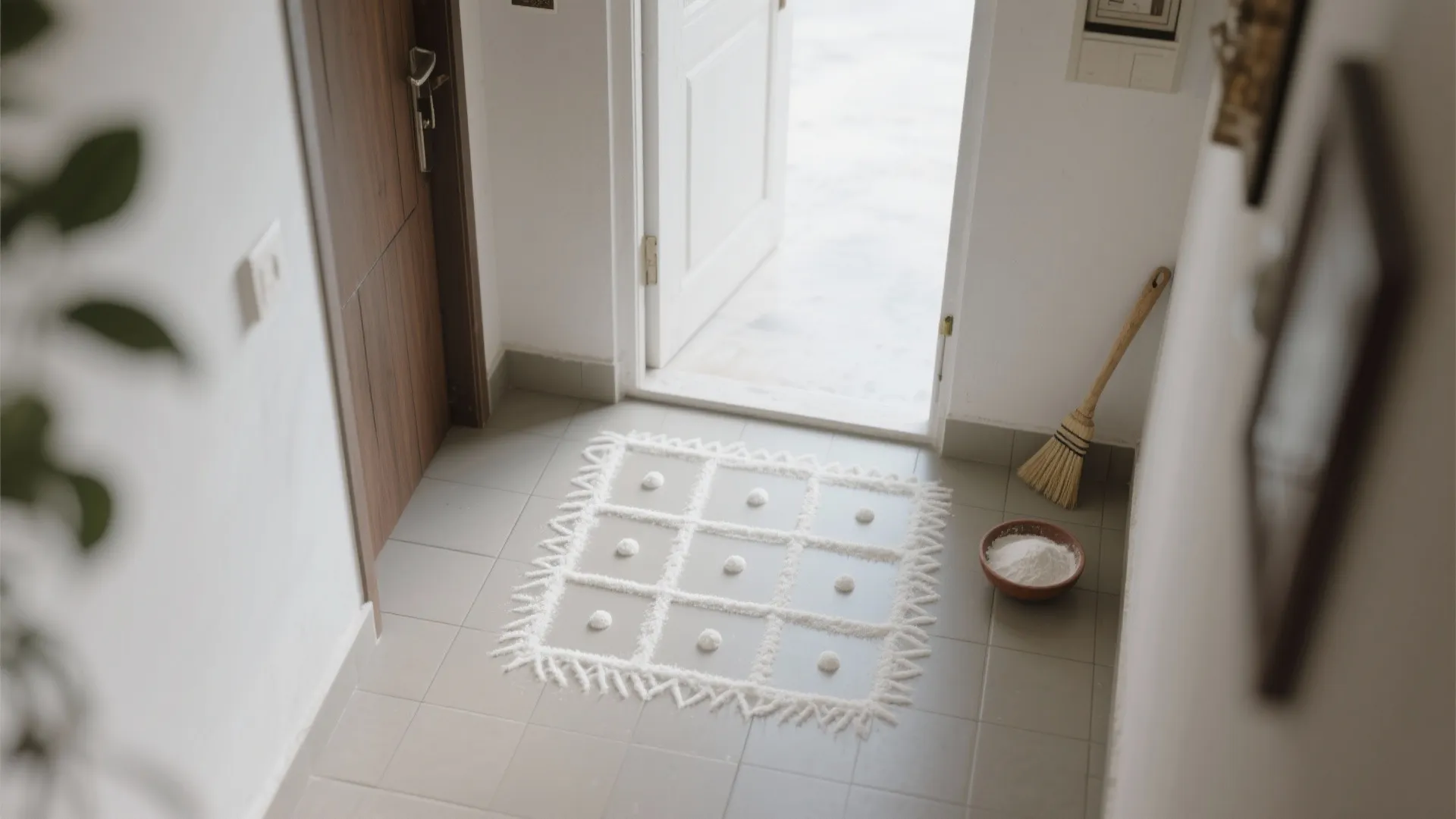 Entryway with white floor pattern near open door bowl of white powder and wood broom