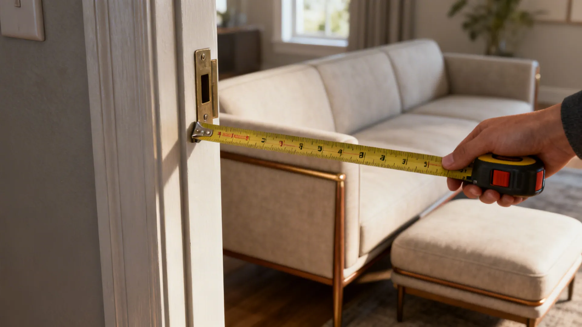 Measuring a doorway with a tape measure to check sofa and ottoman fit
